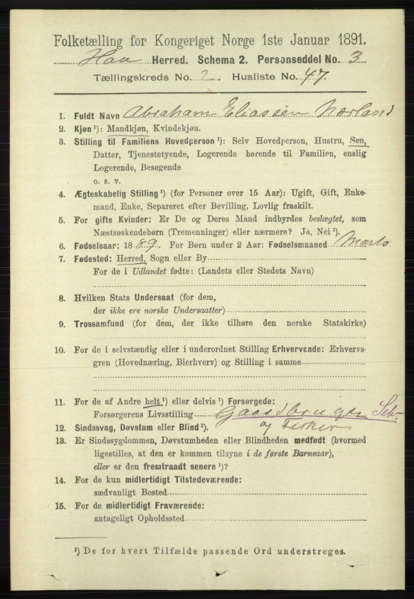 RA, 1891 census for 1119 Hå, 1891, p. 647