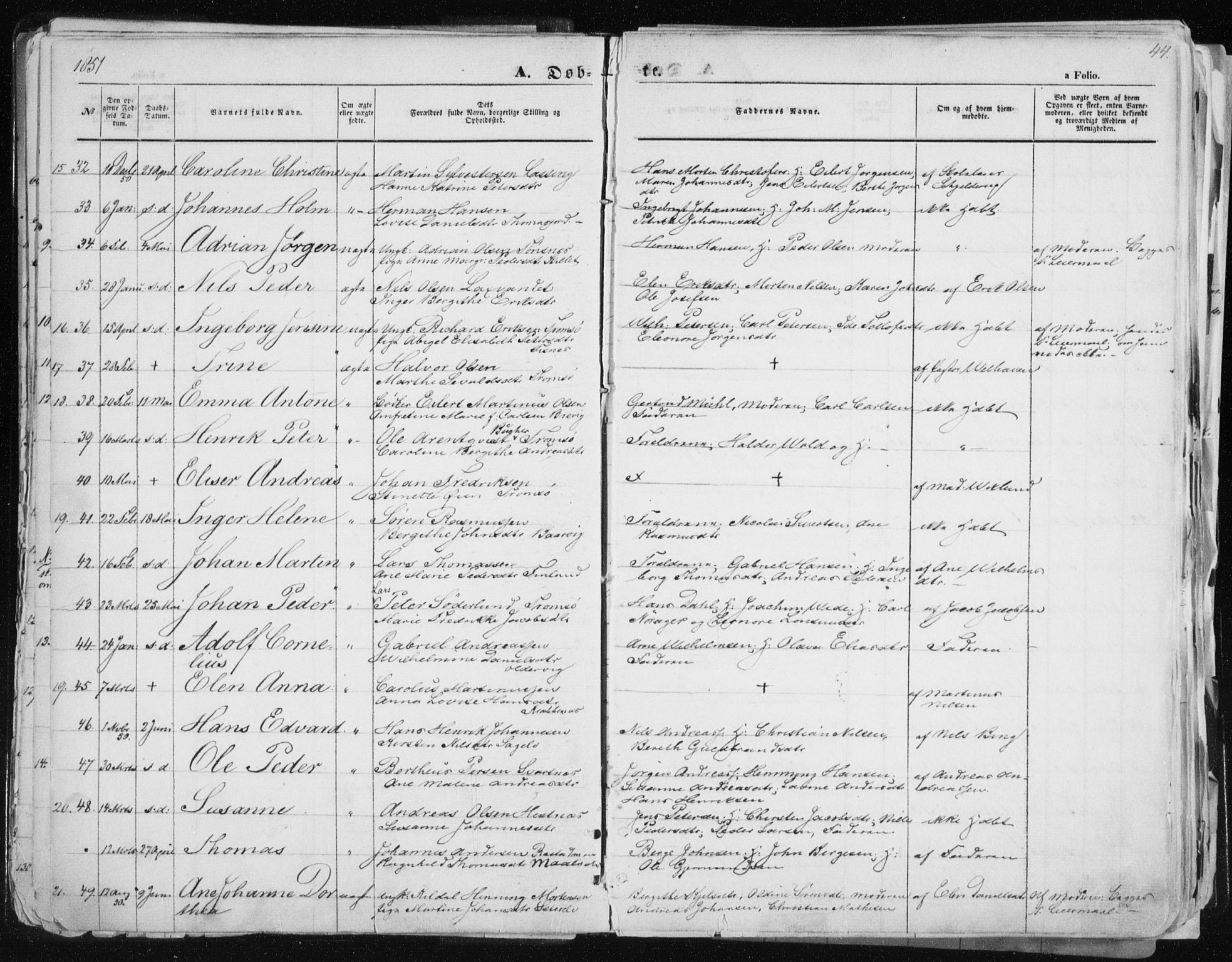 Tromsø sokneprestkontor/stiftsprosti/domprosti, AV/SATØ-S-1343/G/Ga/L0010kirke: Parish register (official) no. 10, 1848-1855, p. 44