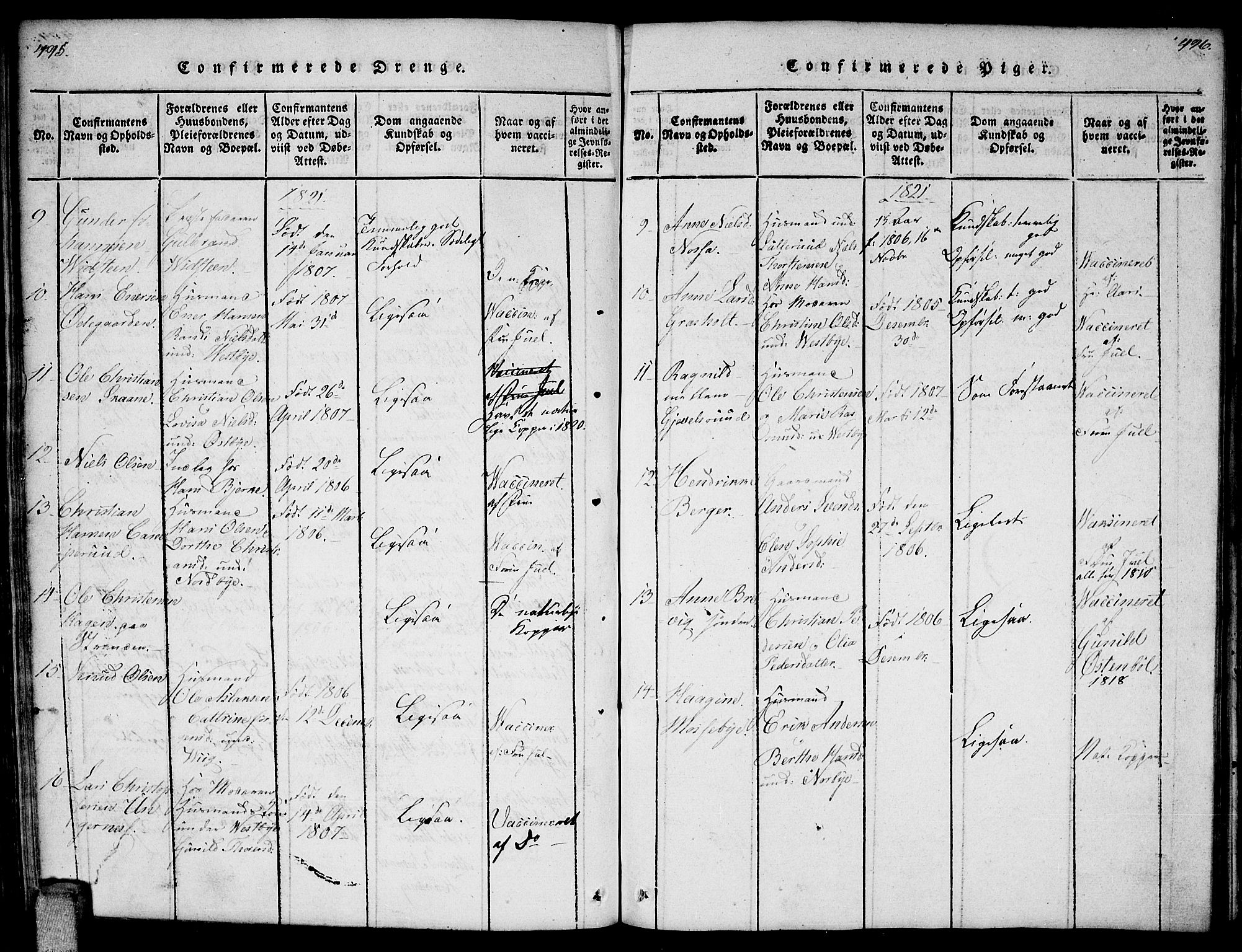 Enebakk prestekontor Kirkebøker, AV/SAO-A-10171c/F/Fa/L0006: Parish register (official) no. I 6, 1815-1832, p. 495-496