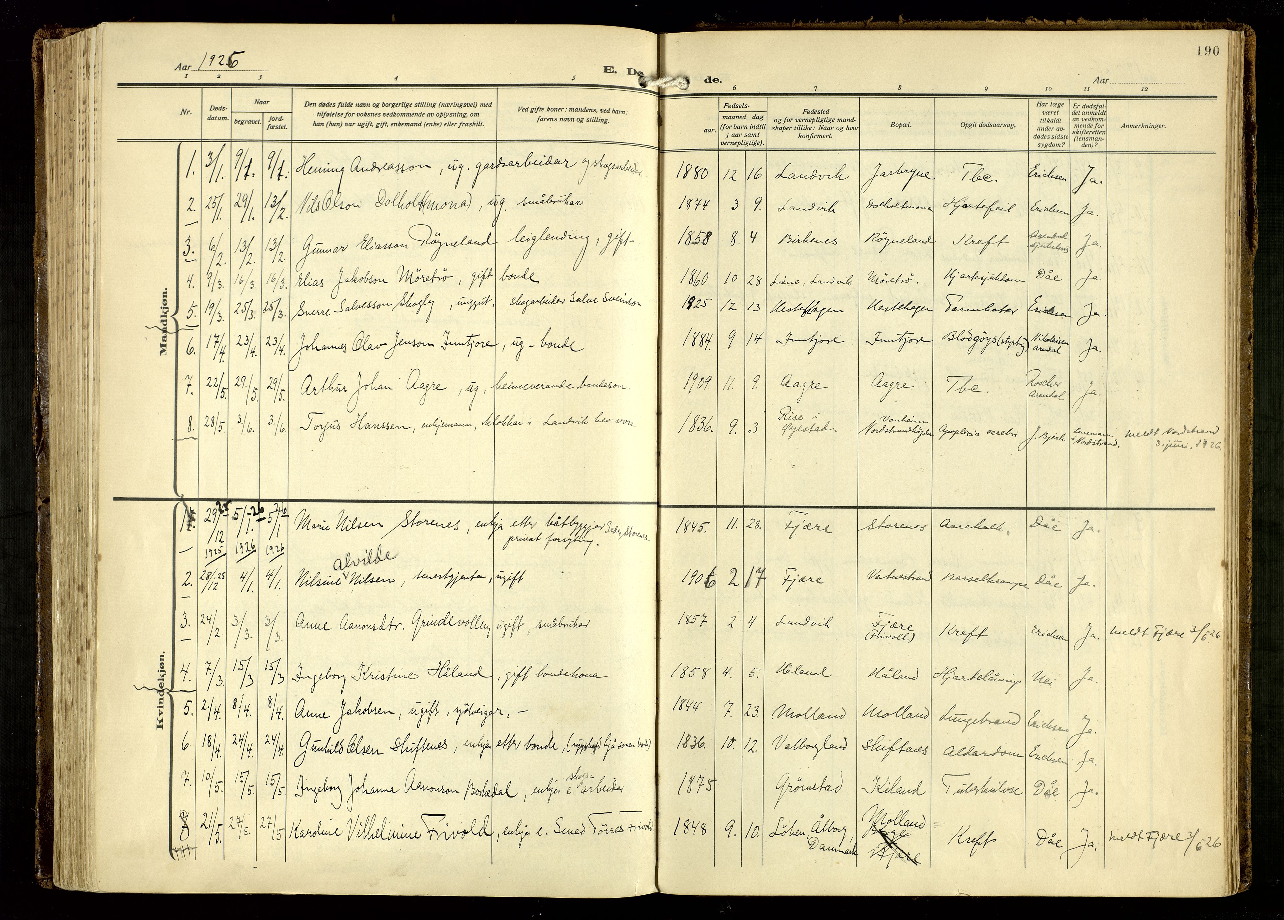 Hommedal sokneprestkontor, AV/SAK-1111-0023/F/Fa/Fab/L0008: Parish register (official) no. A 8, 1925-1956, p. 190