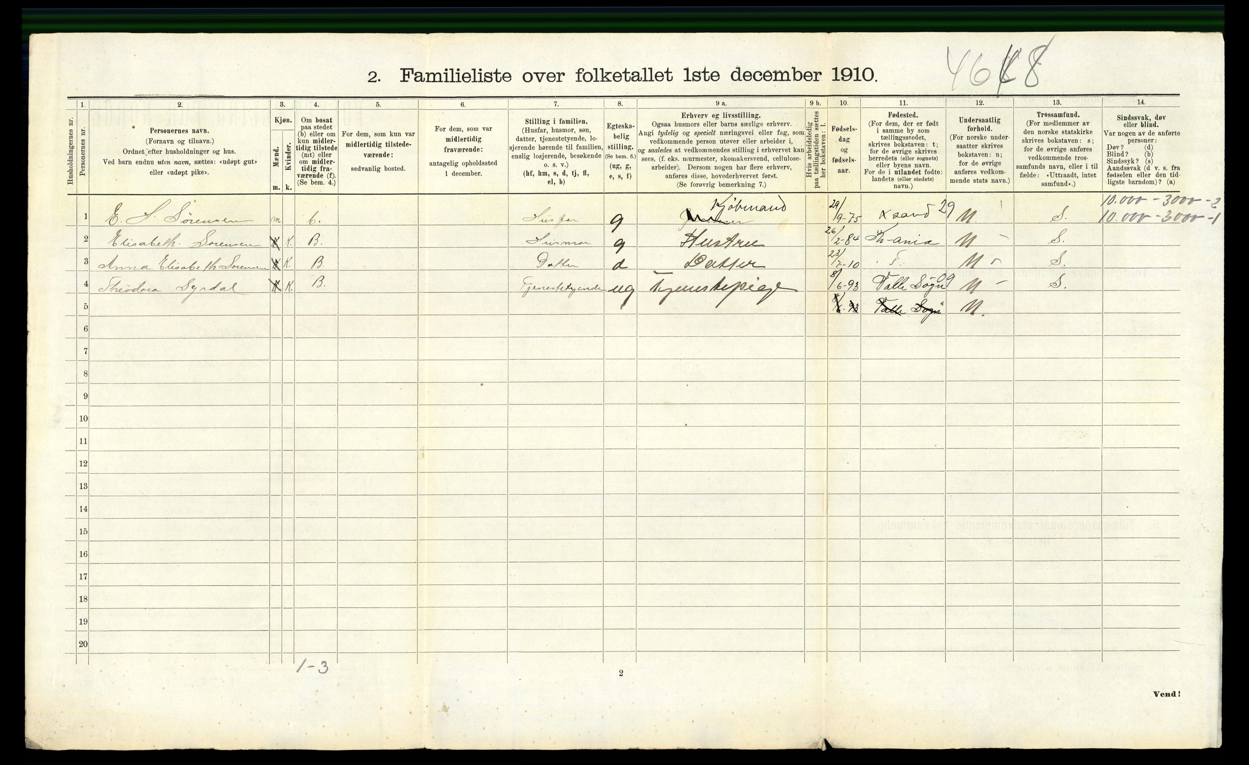 RA, 1910 census for Kristiansand, 1910, p. 3315