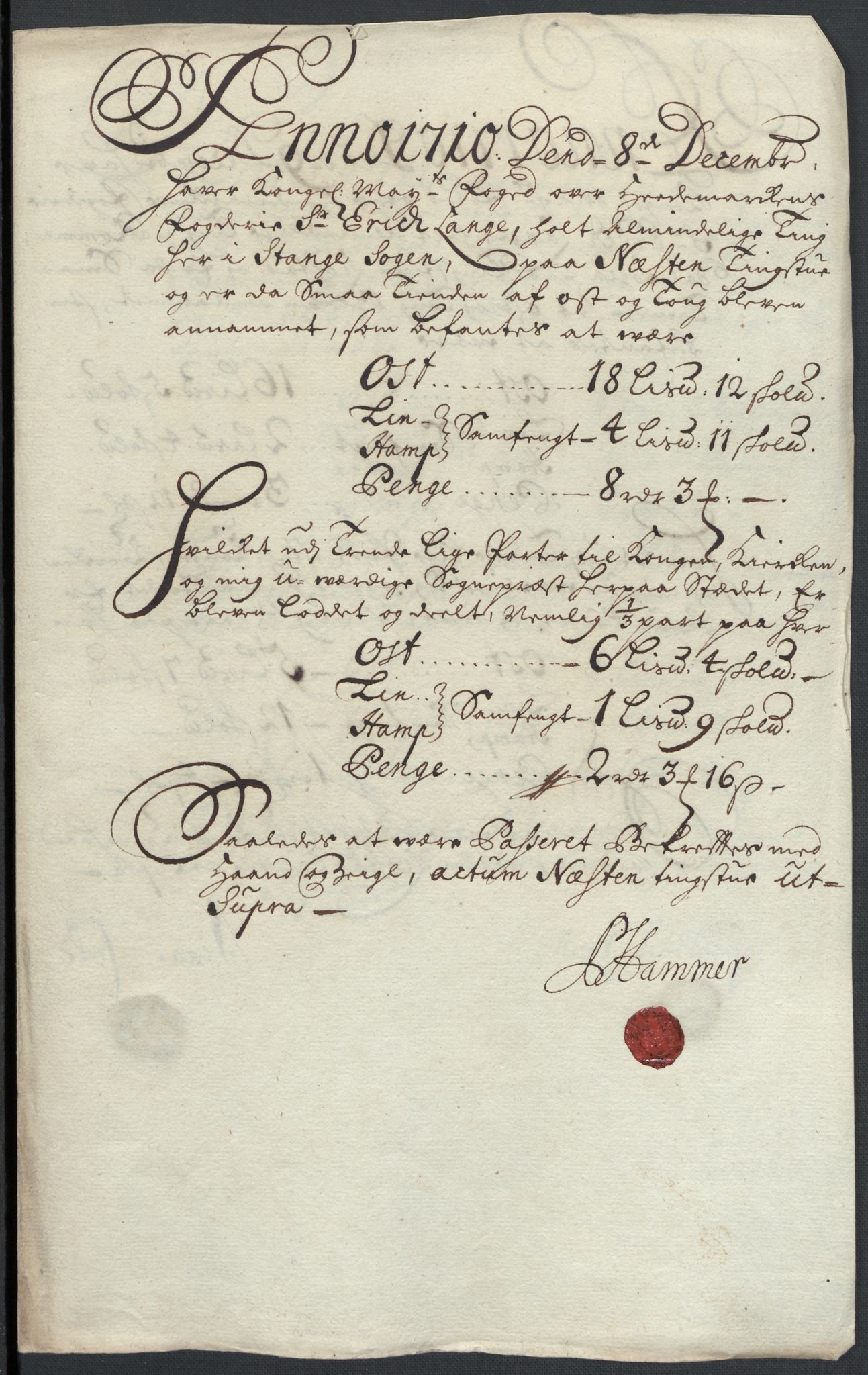 Rentekammeret inntil 1814, Reviderte regnskaper, Fogderegnskap, AV/RA-EA-4092/R16/L1046: Fogderegnskap Hedmark, 1710, p. 63