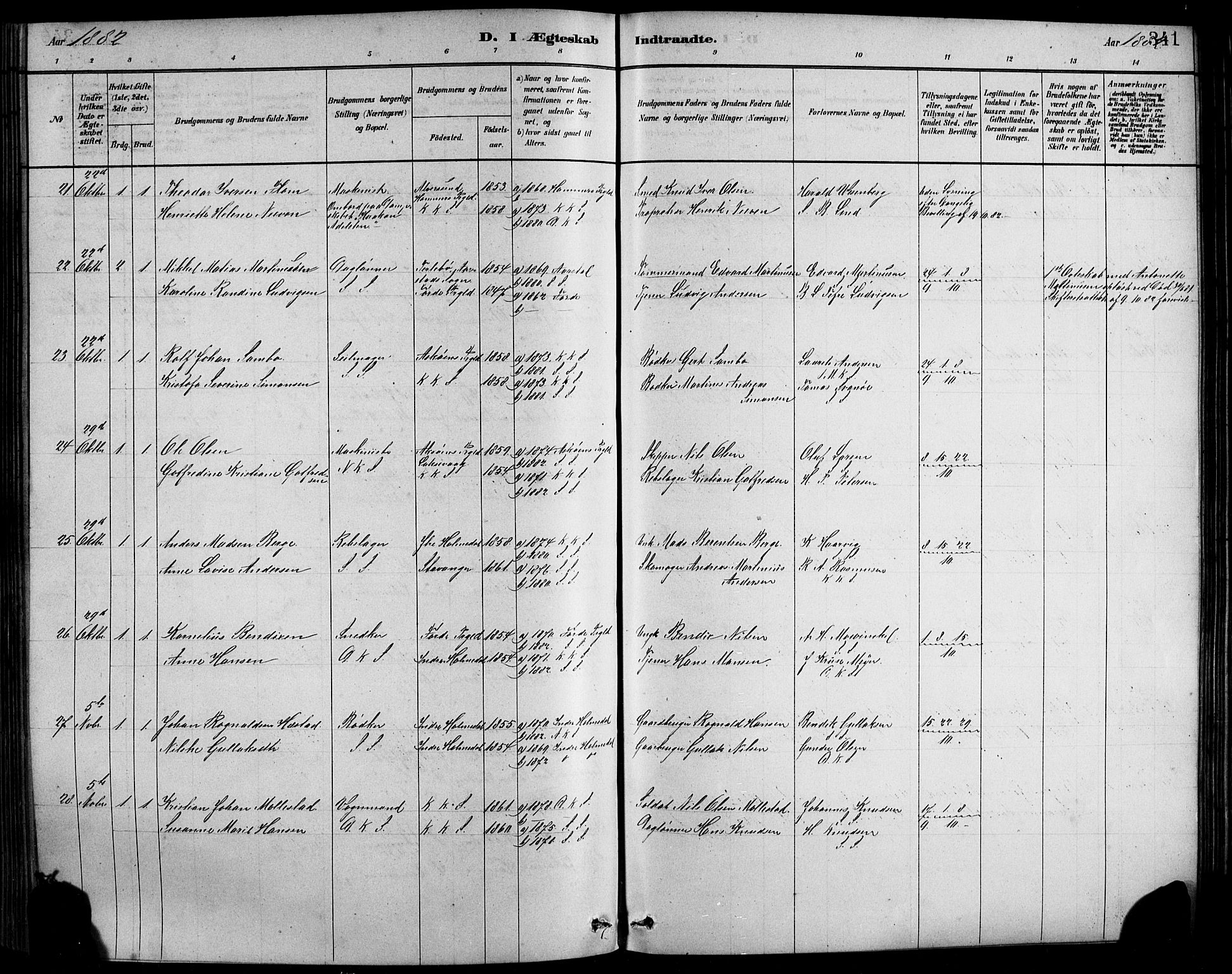 Sandviken Sokneprestembete, AV/SAB-A-77601/H/Hb/L0001: Parish register (copy) no. A 2, 1879-1892, p. 341