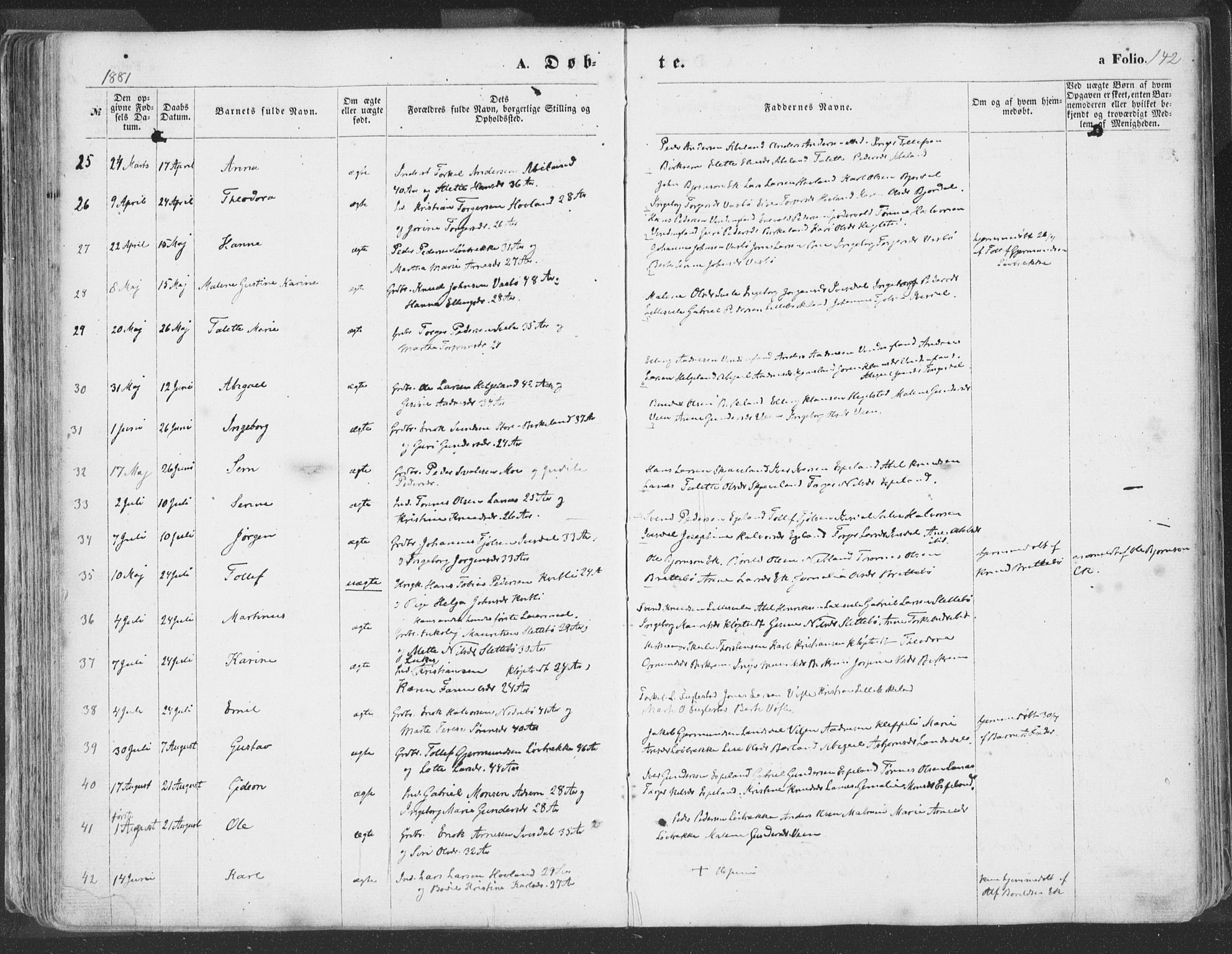 Helleland sokneprestkontor, SAST/A-101810: Parish register (official) no. A 7.1, 1863-1886, p. 142