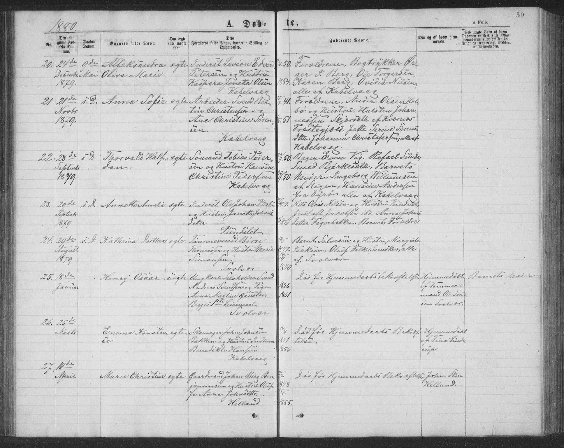 Ministerialprotokoller, klokkerbøker og fødselsregistre - Nordland, AV/SAT-A-1459/874/L1075: Parish register (copy) no. 874C04, 1876-1883, p. 50