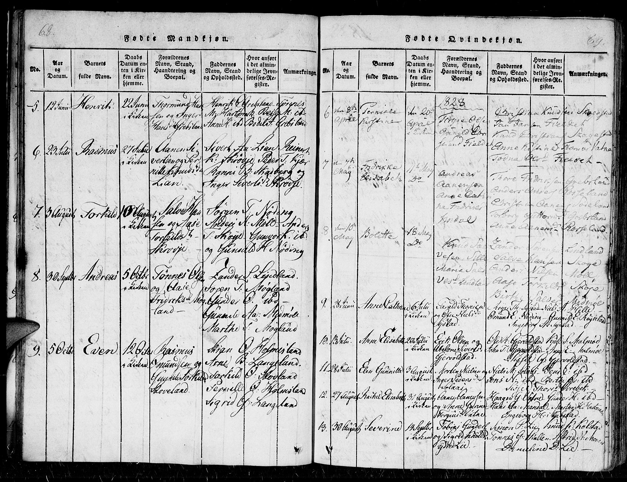 Holum sokneprestkontor, AV/SAK-1111-0022/F/Fa/Faa/L0004: Parish register (official) no. A 4, 1820-1849, p. 68-69