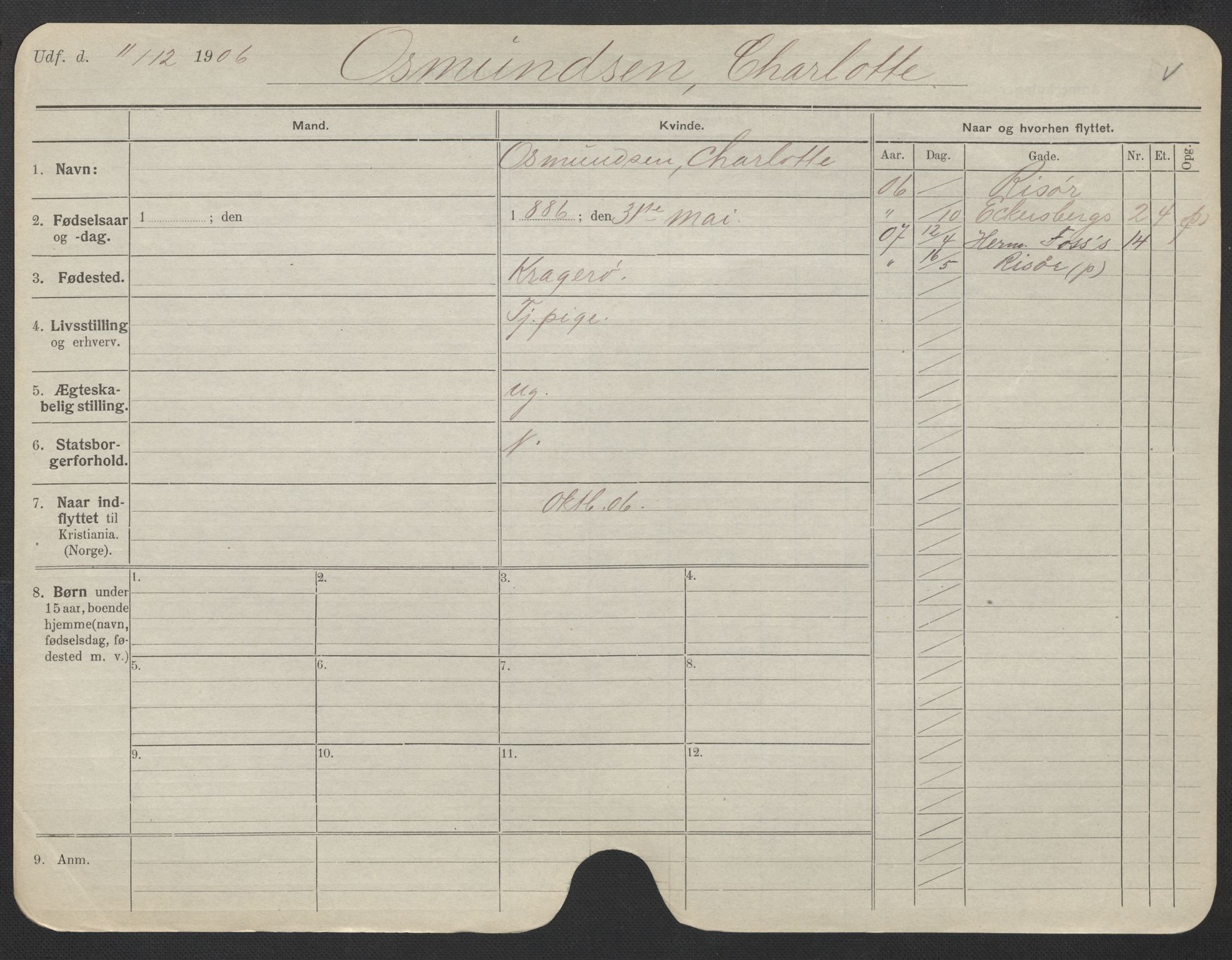 Oslo folkeregister, Registerkort, AV/SAO-A-11715/F/Fa/Fac/L0022: Kvinner, 1906-1914, p. 468a