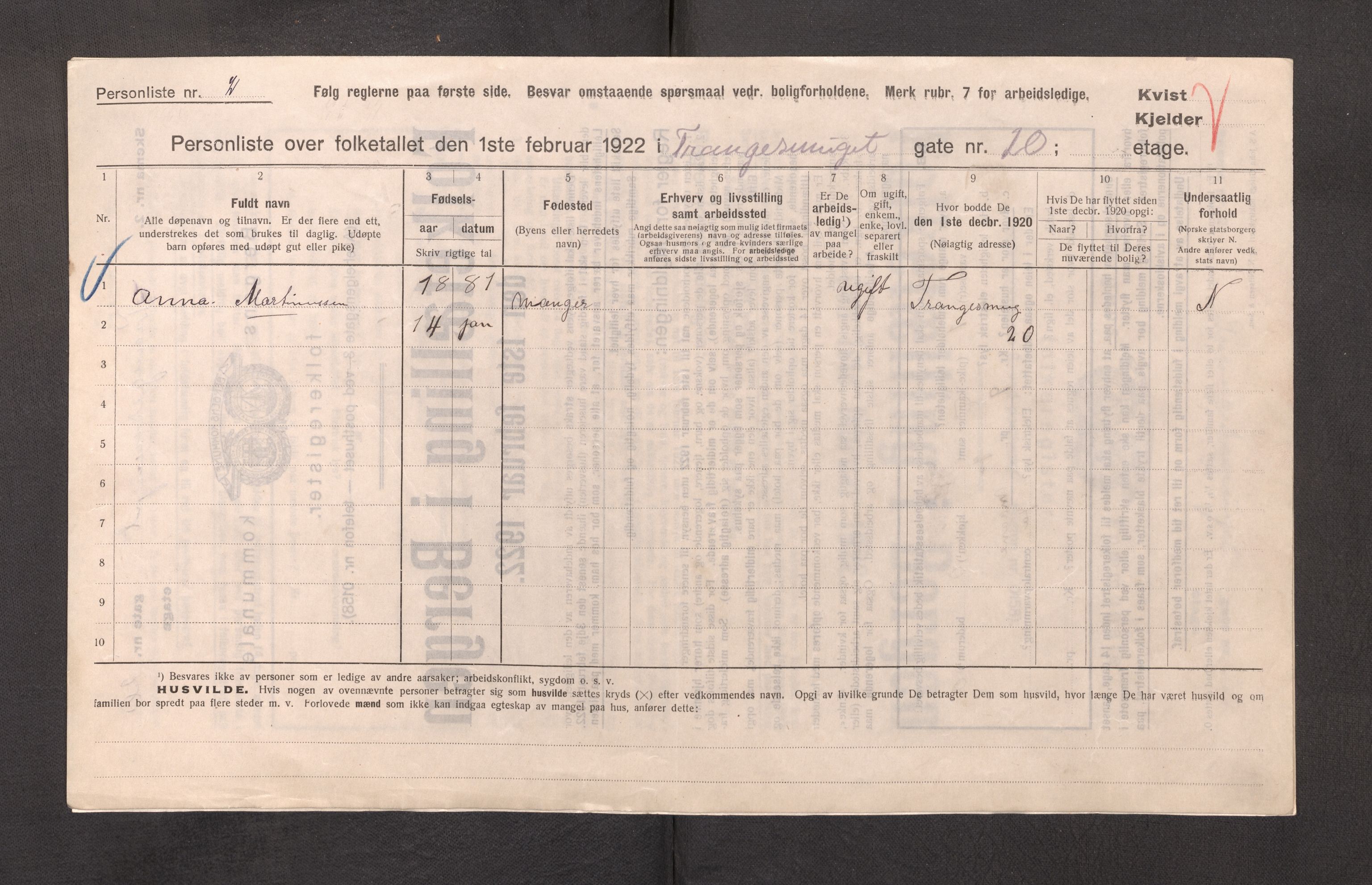 SAB, Municipal Census 1922 for Bergen, 1922, p. 44952