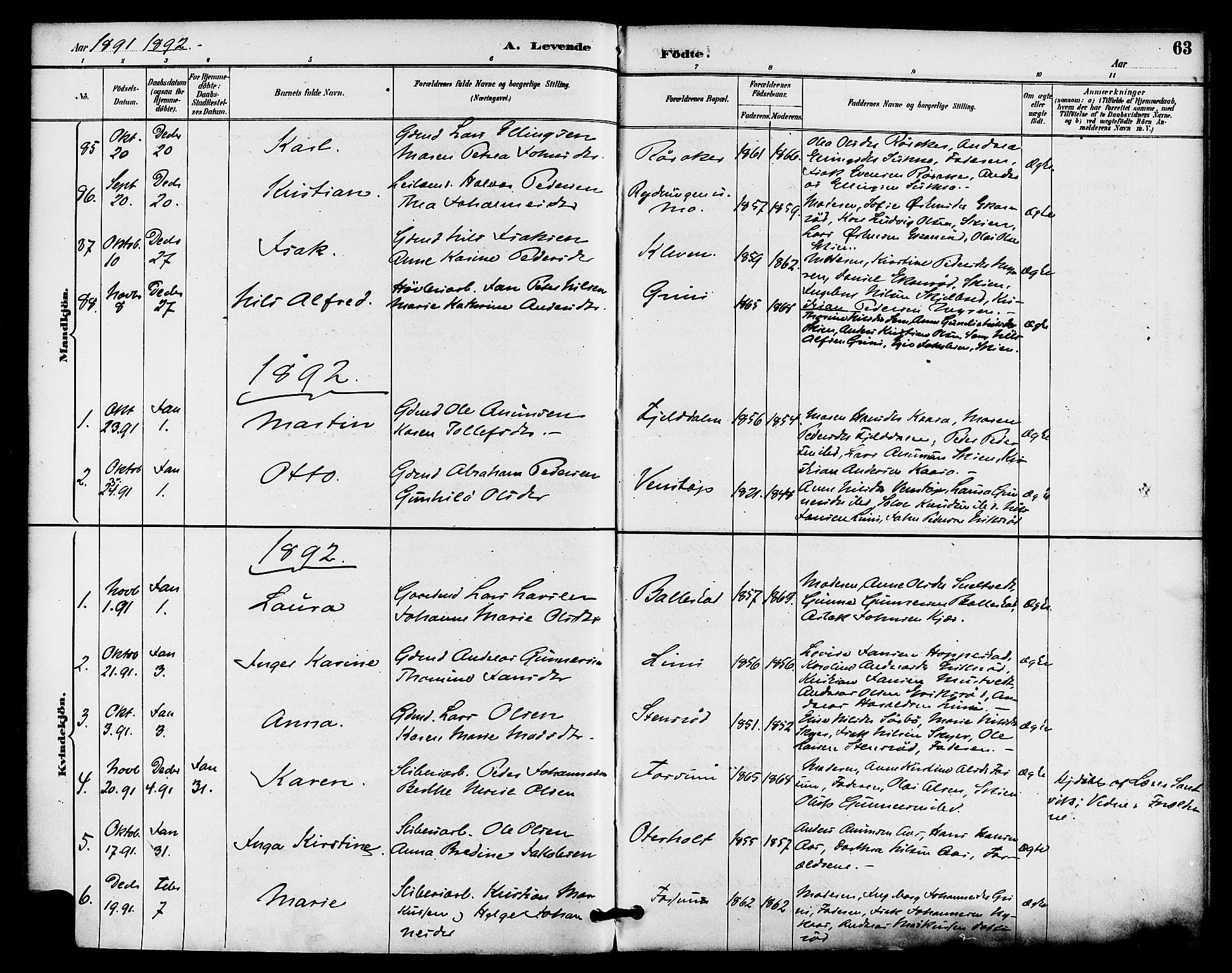 Gjerpen kirkebøker, SAKO/A-265/F/Fa/L0010: Parish register (official) no. I 10, 1886-1895, p. 63