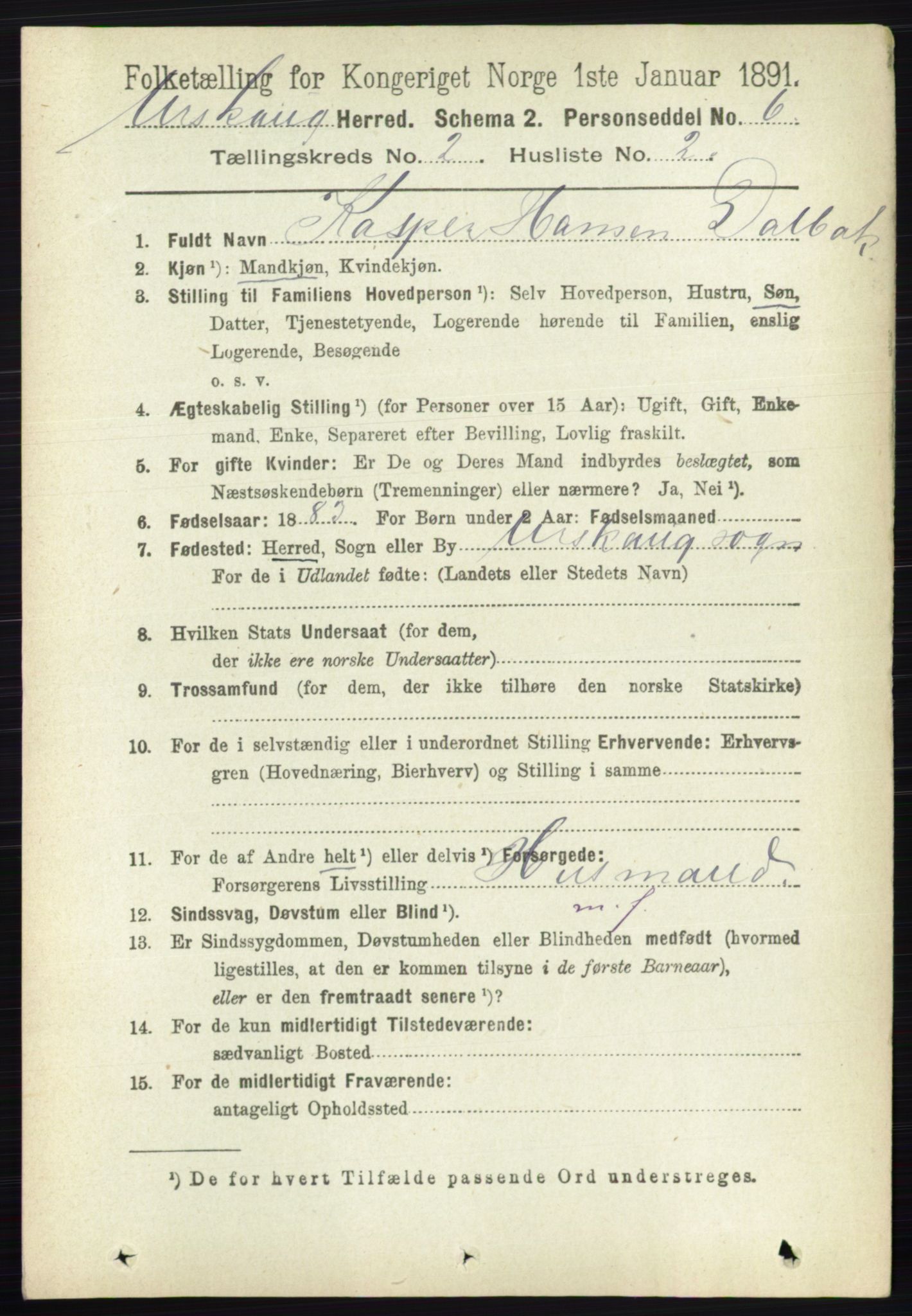 RA, 1891 census for 0224 Aurskog, 1891, p. 198