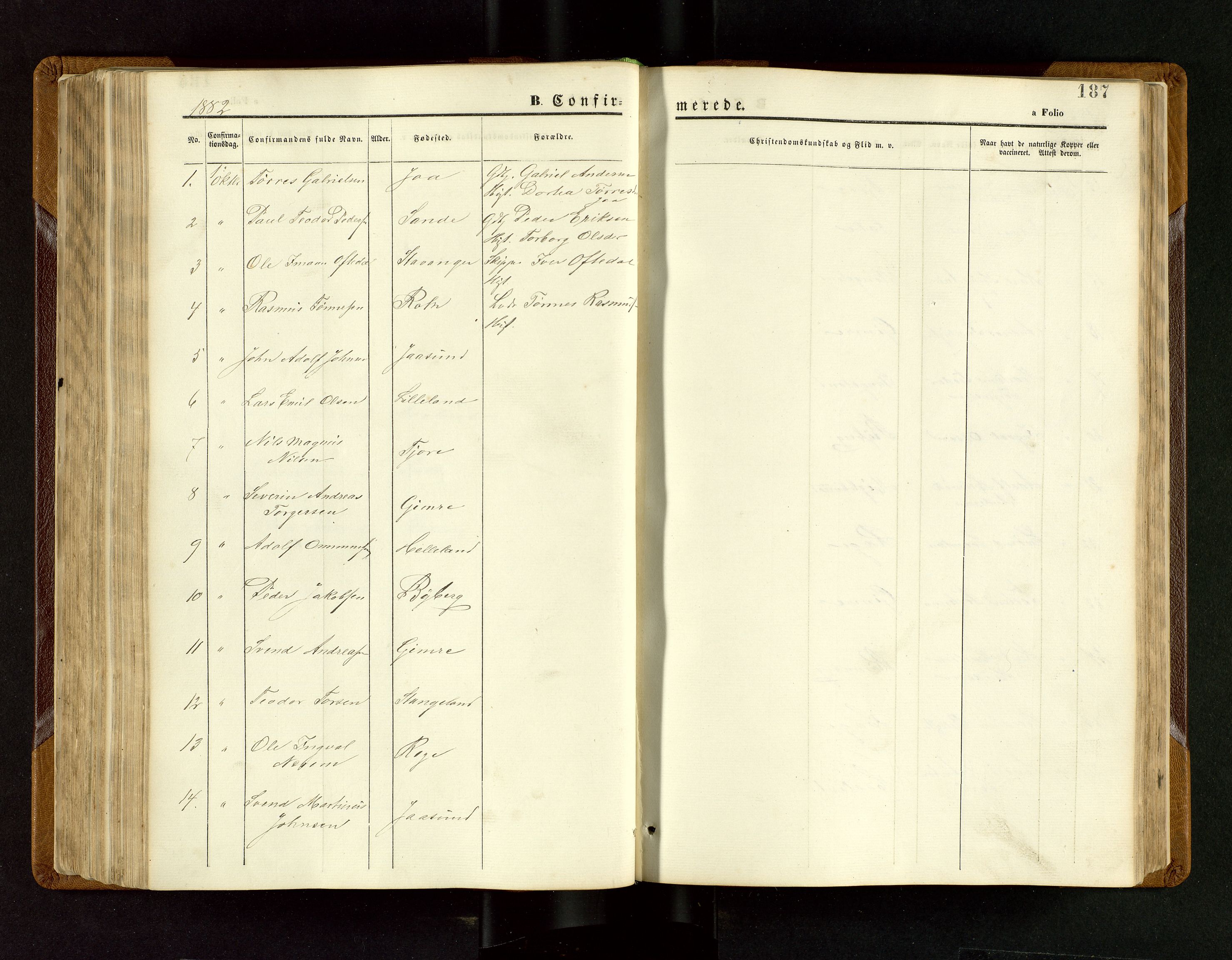 Håland sokneprestkontor, SAST/A-101802/001/30BB/L0003: Parish register (copy) no. B 3, 1873-1893, p. 187