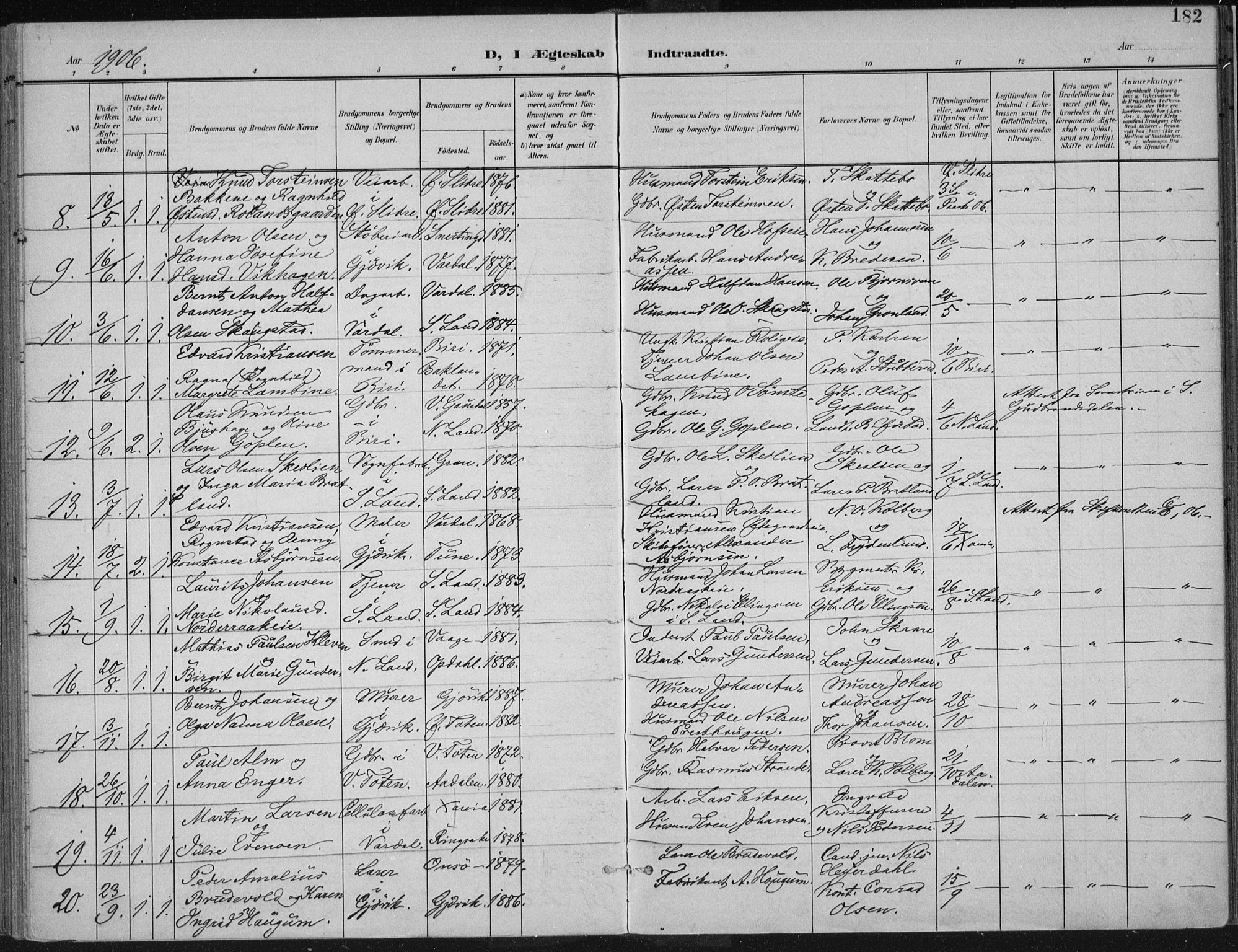 Vardal prestekontor, SAH/PREST-100/H/Ha/Haa/L0013: Parish register (official) no. 13, 1901-1911, p. 182
