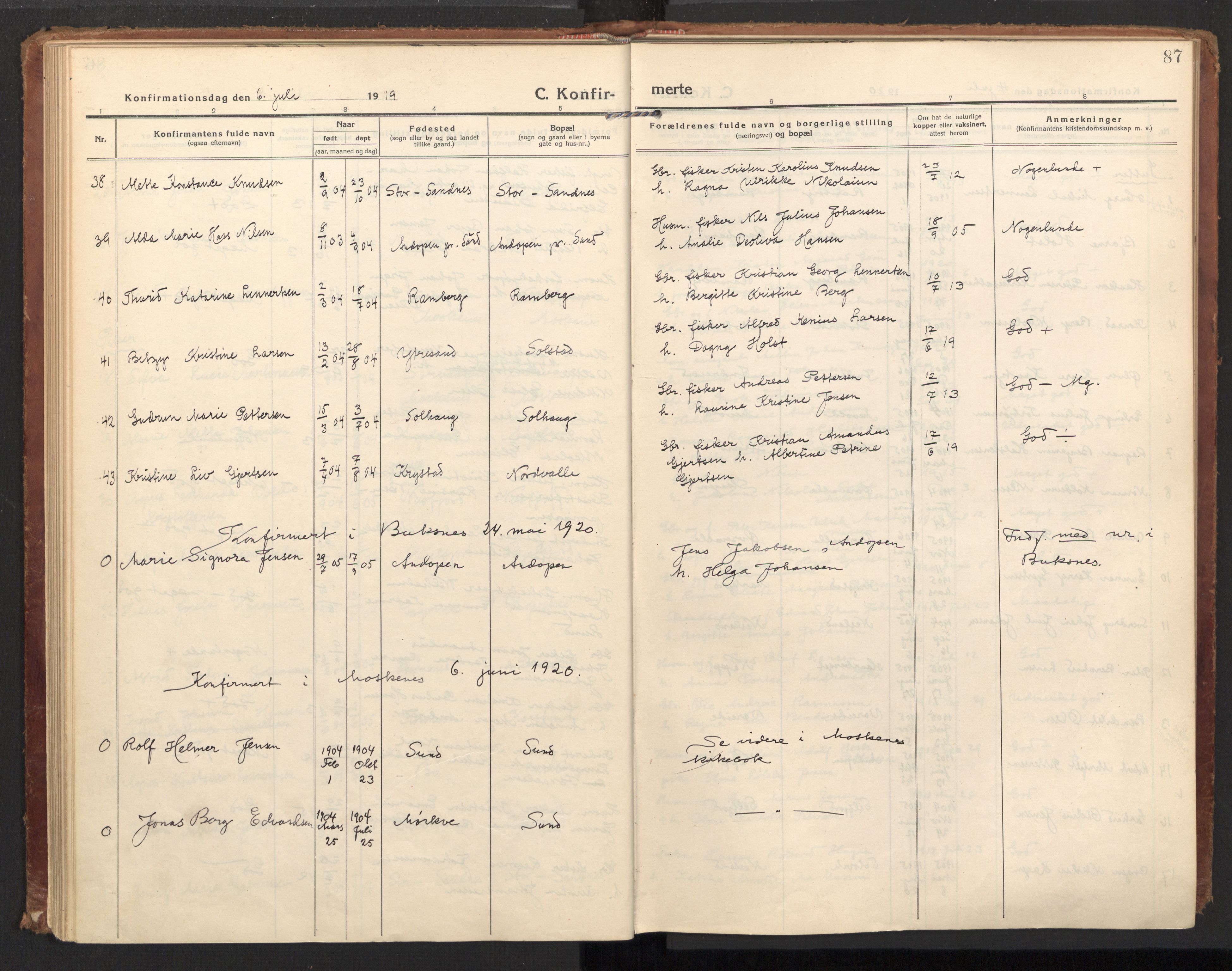 Ministerialprotokoller, klokkerbøker og fødselsregistre - Nordland, AV/SAT-A-1459/885/L1210: Parish register (official) no. 885A10, 1916-1926, p. 87