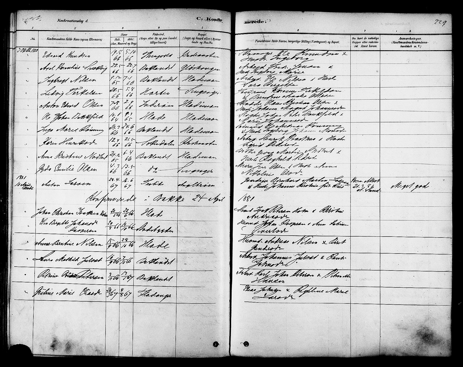 Ministerialprotokoller, klokkerbøker og fødselsregistre - Sør-Trøndelag, SAT/A-1456/606/L0294: Parish register (official) no. 606A09, 1878-1886, p. 229