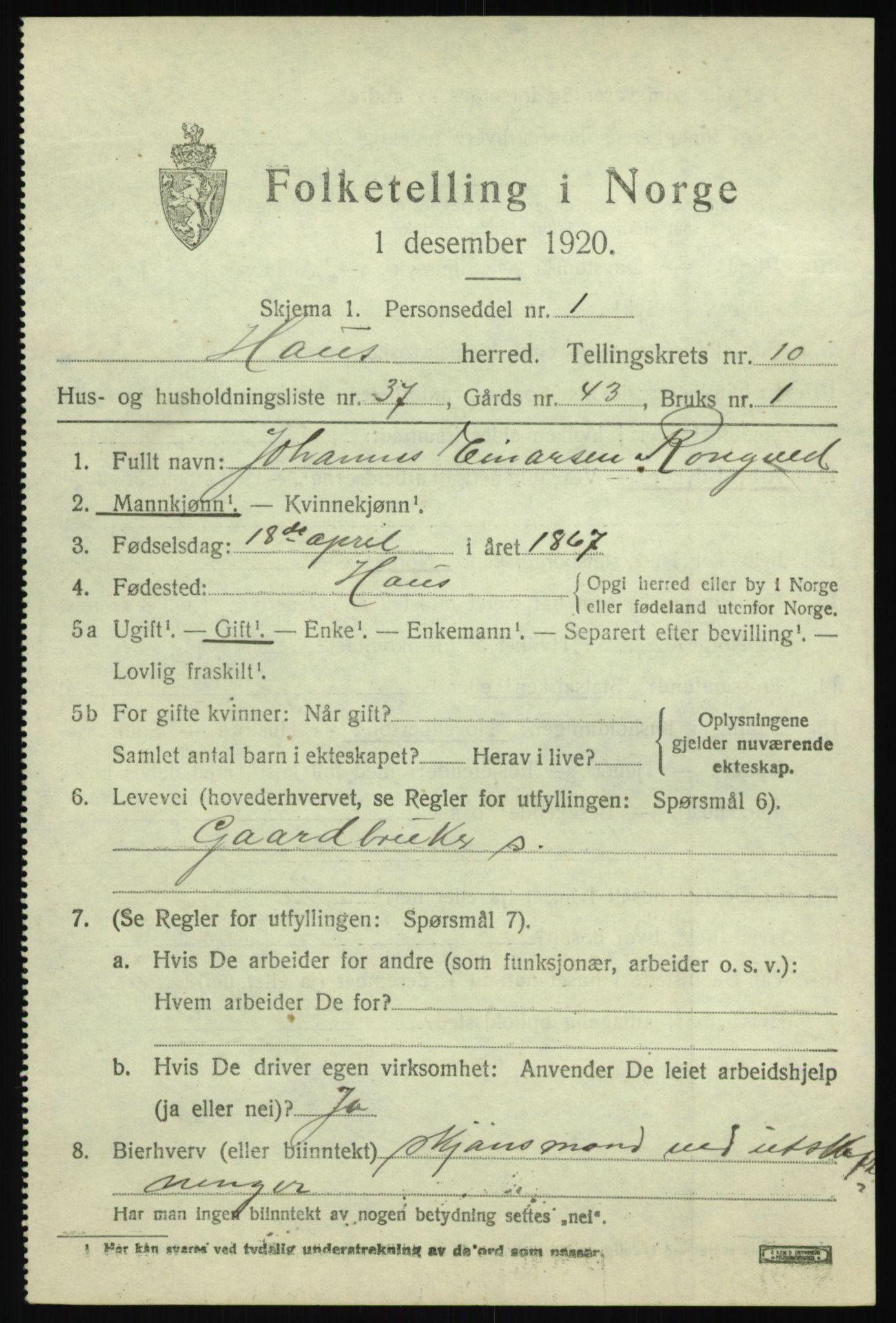 SAB, 1920 census for Haus, 1920, p. 6653