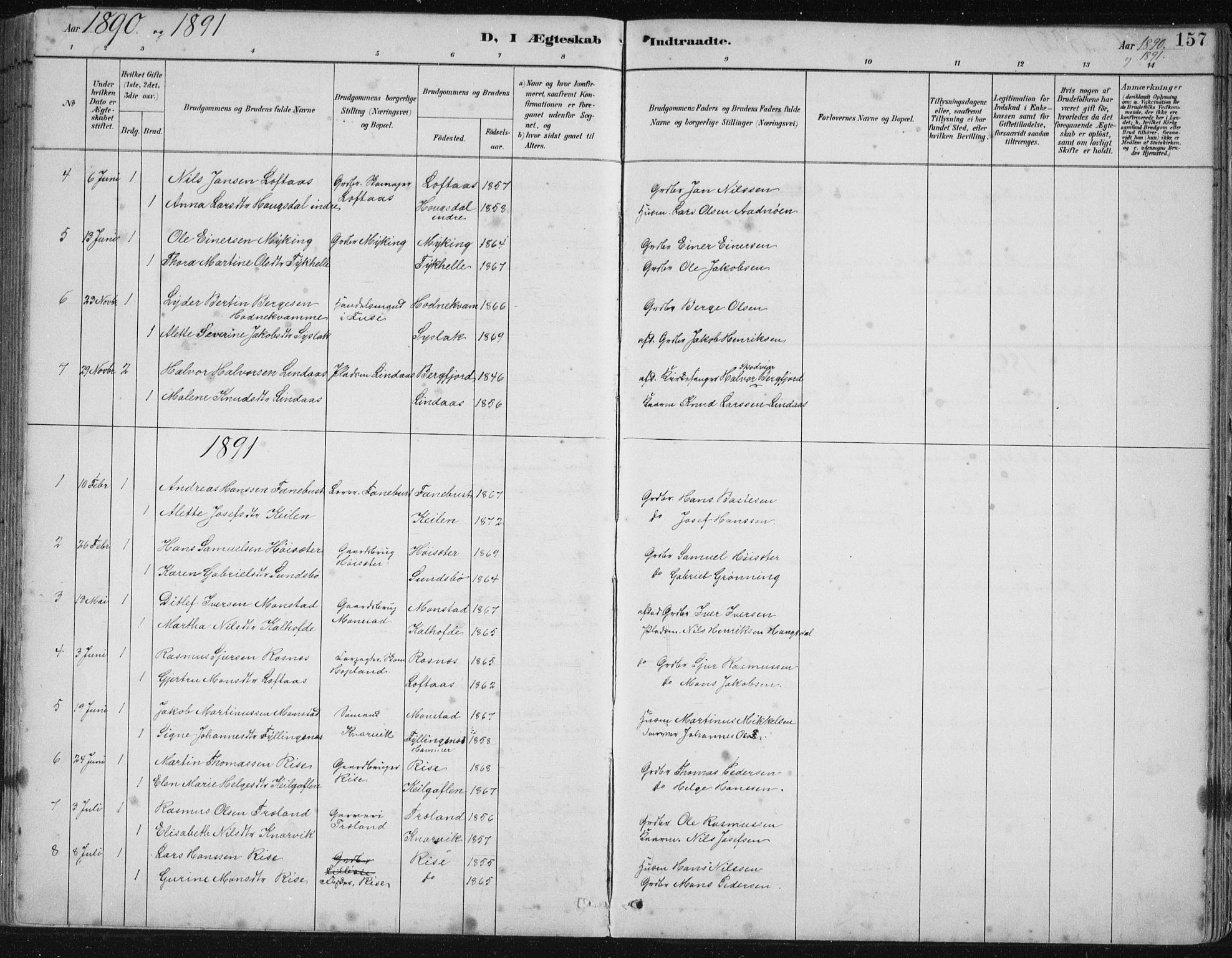 Lindås Sokneprestembete, SAB/A-76701/H/Hab: Parish register (copy) no. B 3, 1886-1914, p. 157