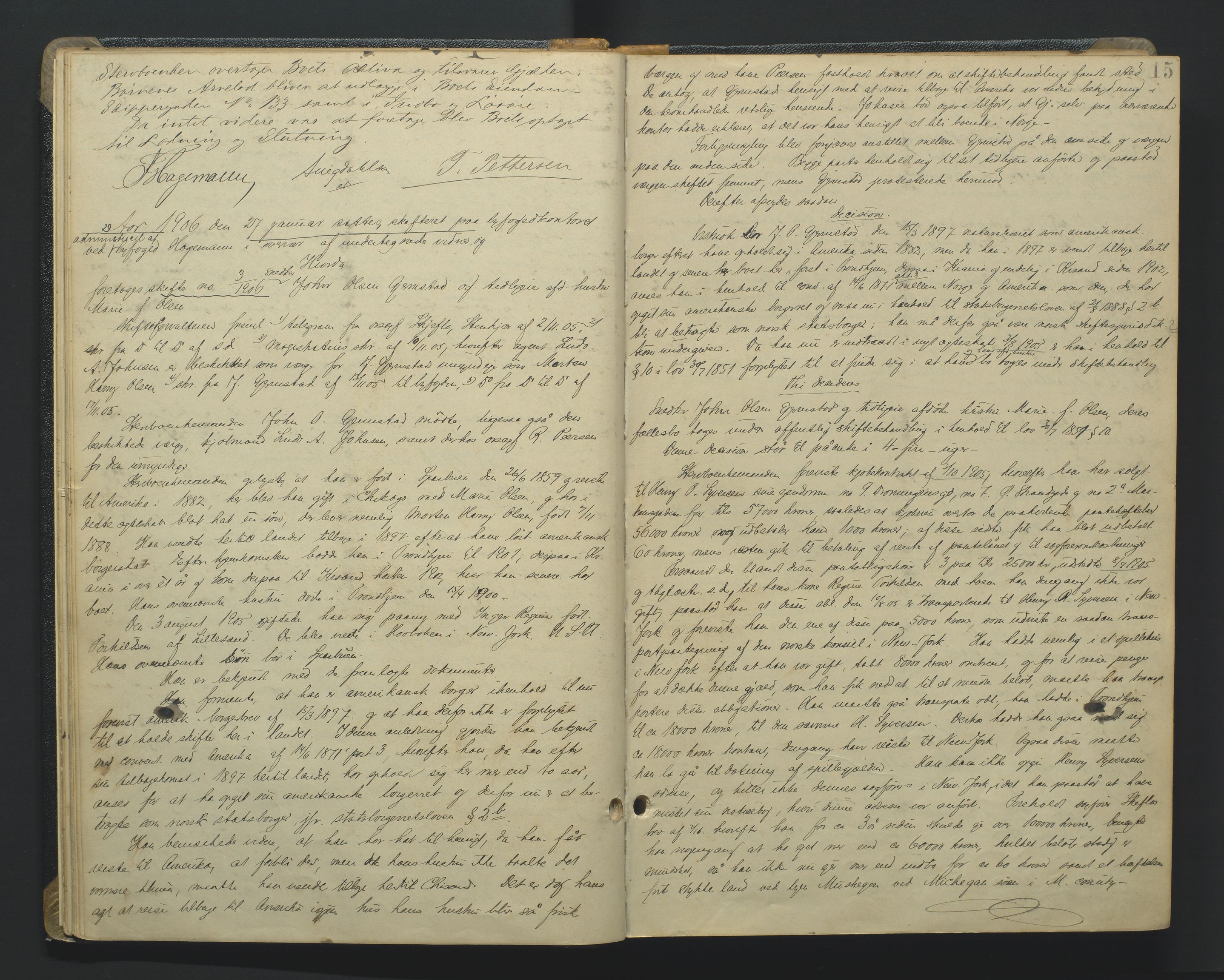 Kristiansand byrett, AV/SAK-1223-0001/H/Hc/L0048: Skifteforhandlingsprotokoll nr. 8, med register, 1905-1913, p. 15