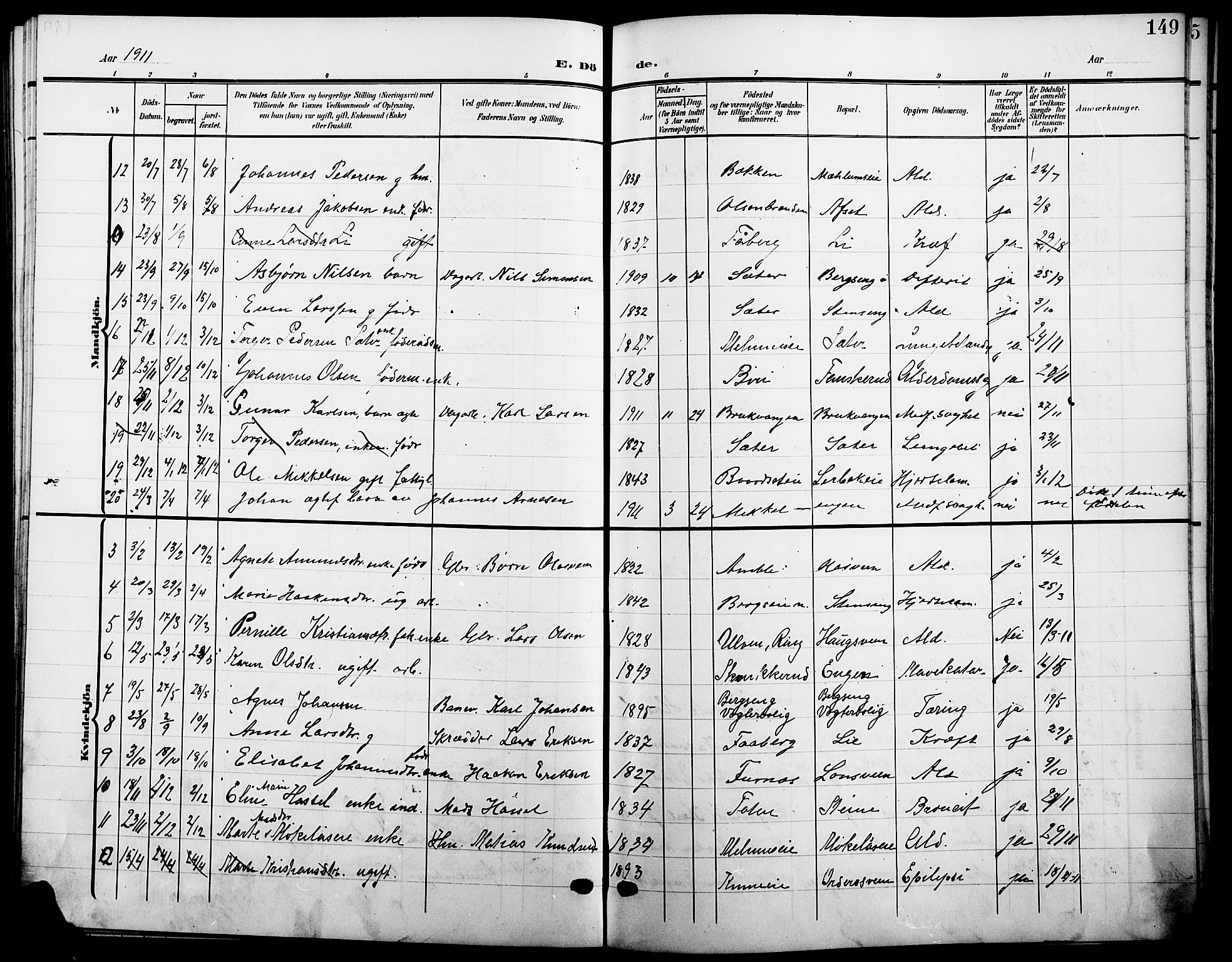 Ringsaker prestekontor, SAH/PREST-014/L/La/L0016: Parish register (copy) no. 16, 1905-1920, p. 149