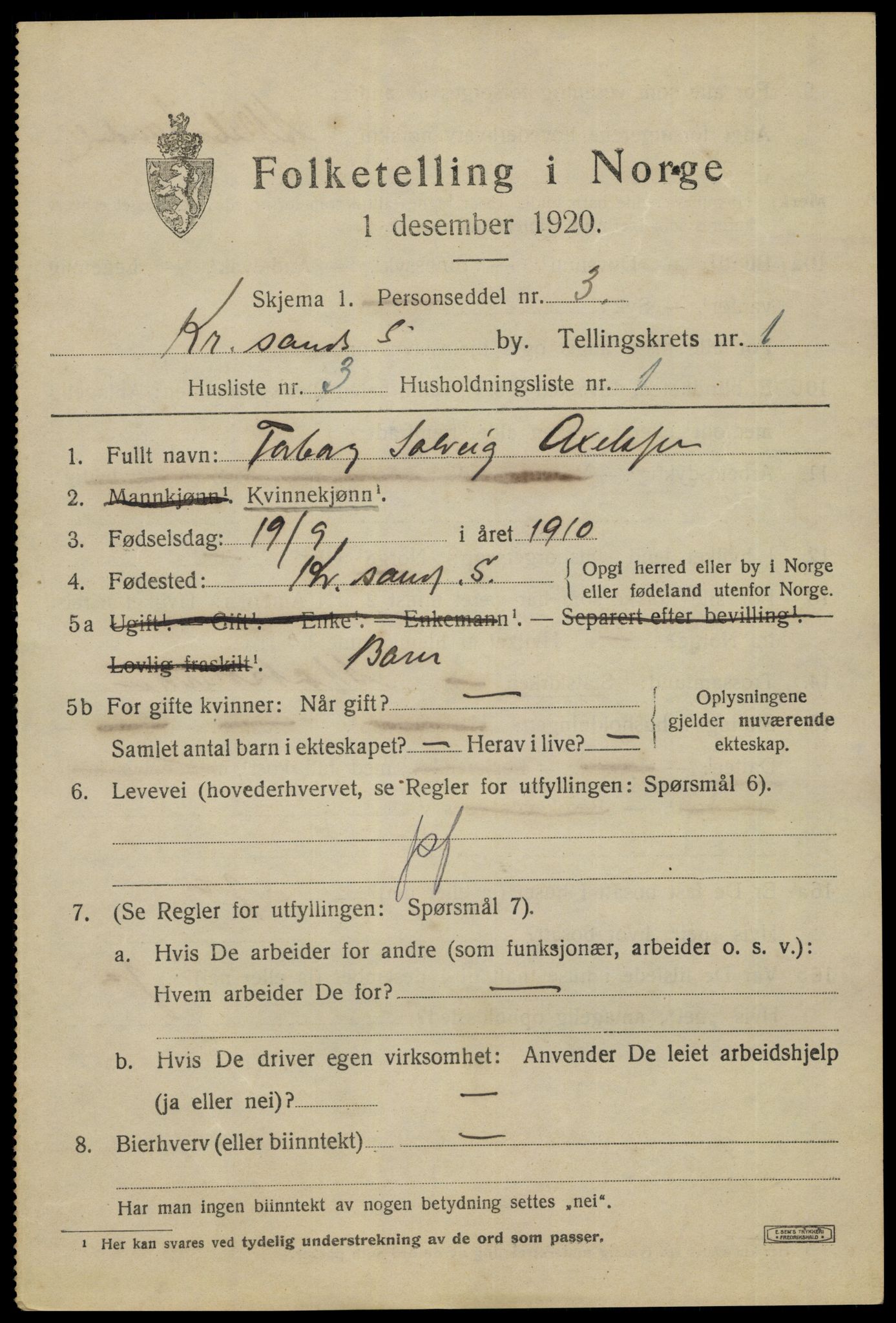 SAK, 1920 census for Kristiansand, 1920, p. 11135