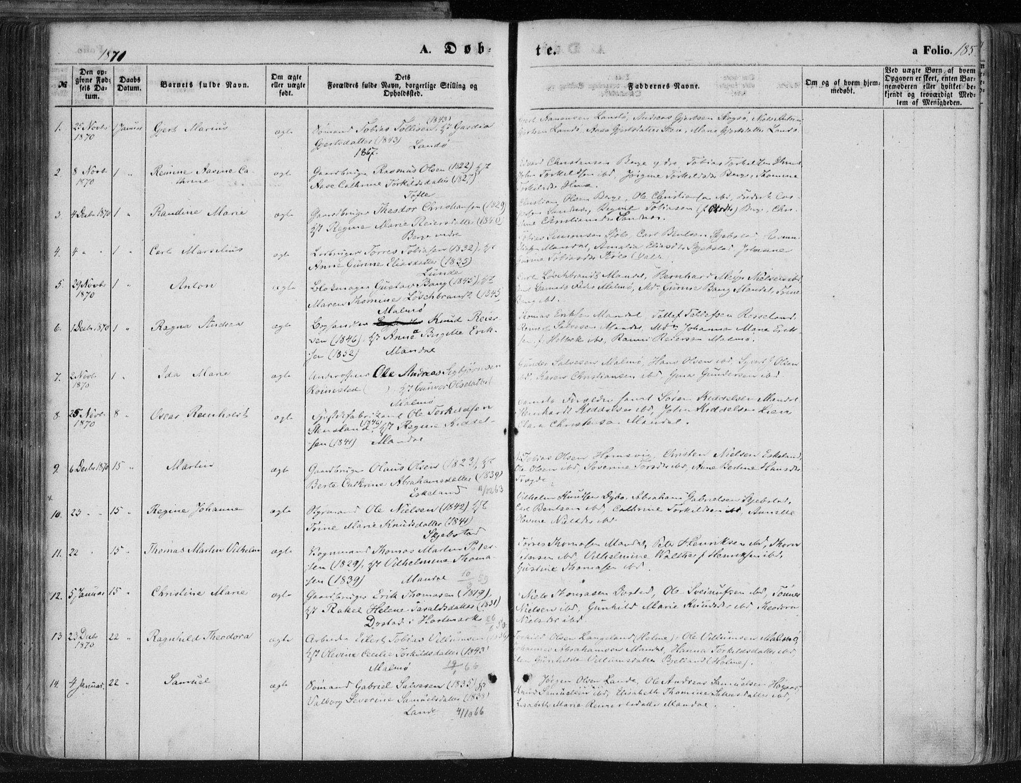 Mandal sokneprestkontor, SAK/1111-0030/F/Fa/Faa/L0014: Parish register (official) no. A 14, 1859-1872, p. 185