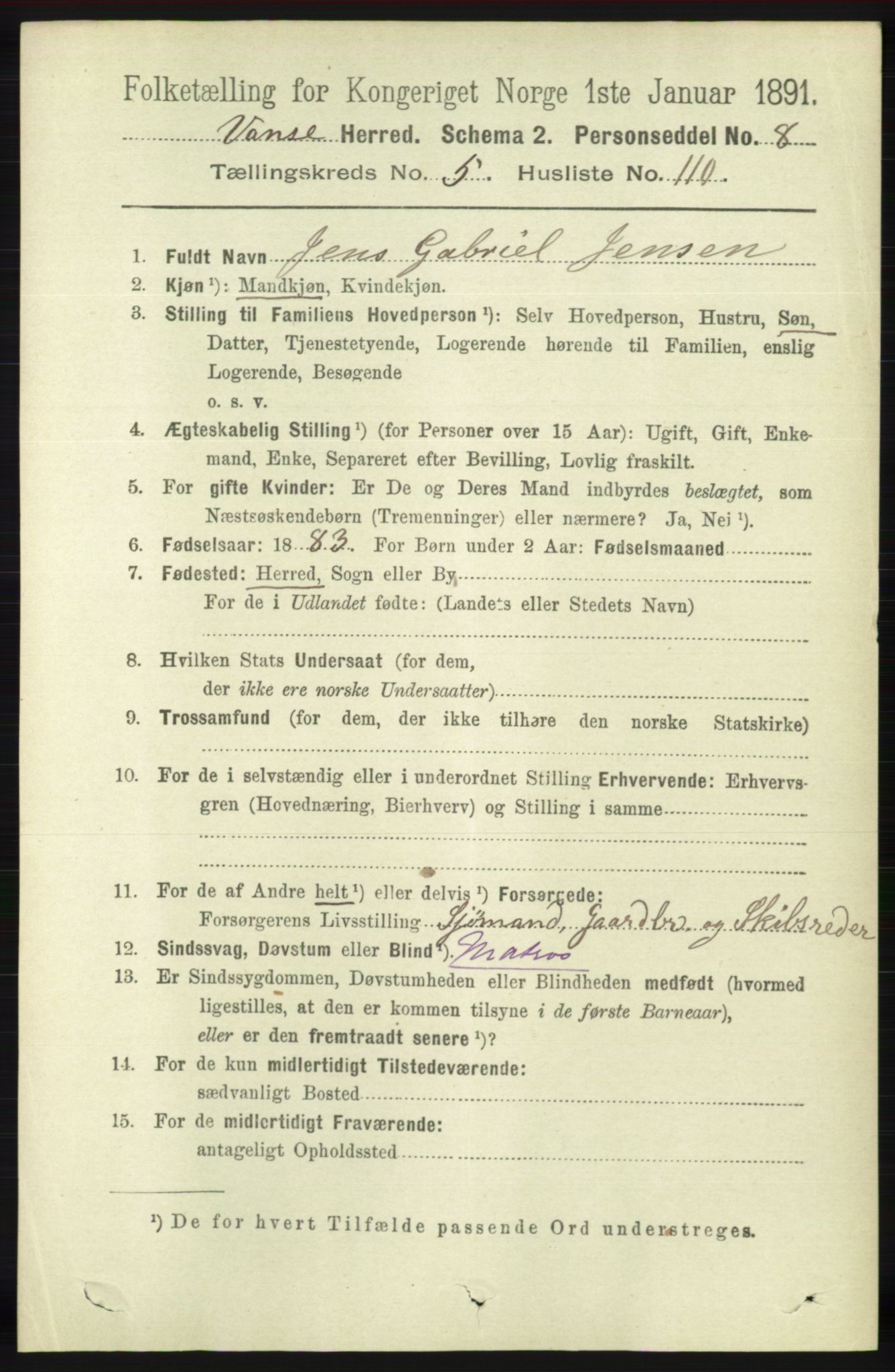 RA, 1891 census for 1041 Vanse, 1891, p. 3392