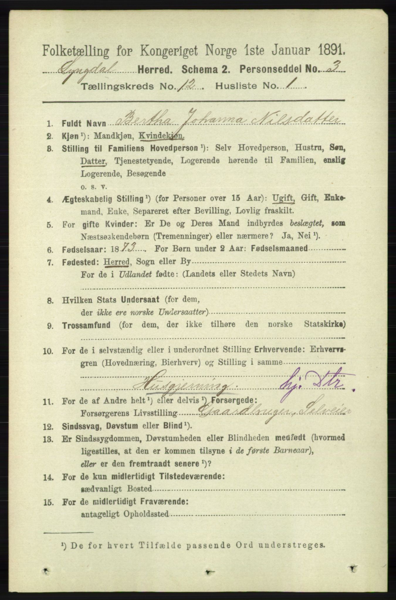 RA, 1891 census for 1032 Lyngdal, 1891, p. 5259