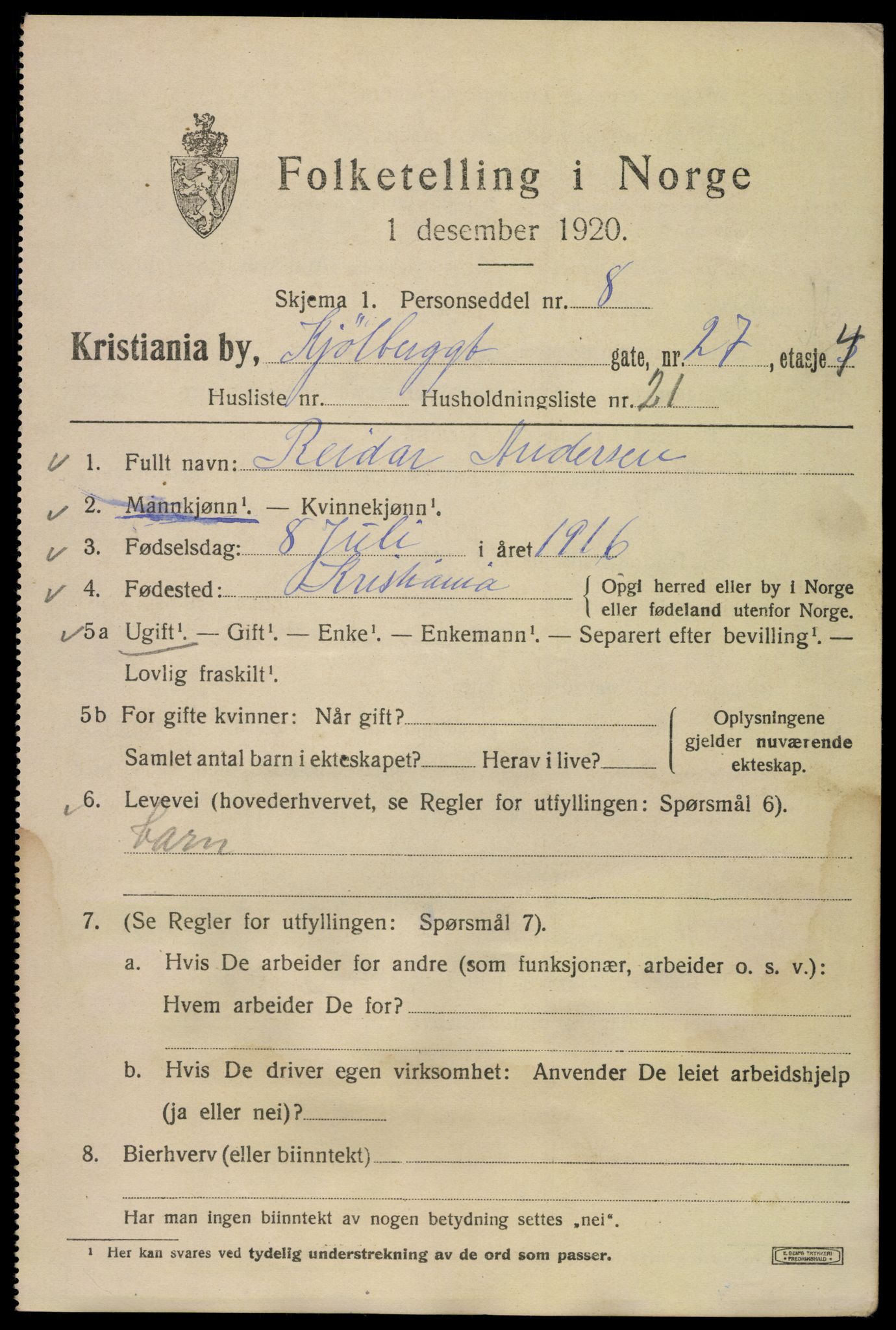 SAO, 1920 census for Kristiania, 1920, p. 343765