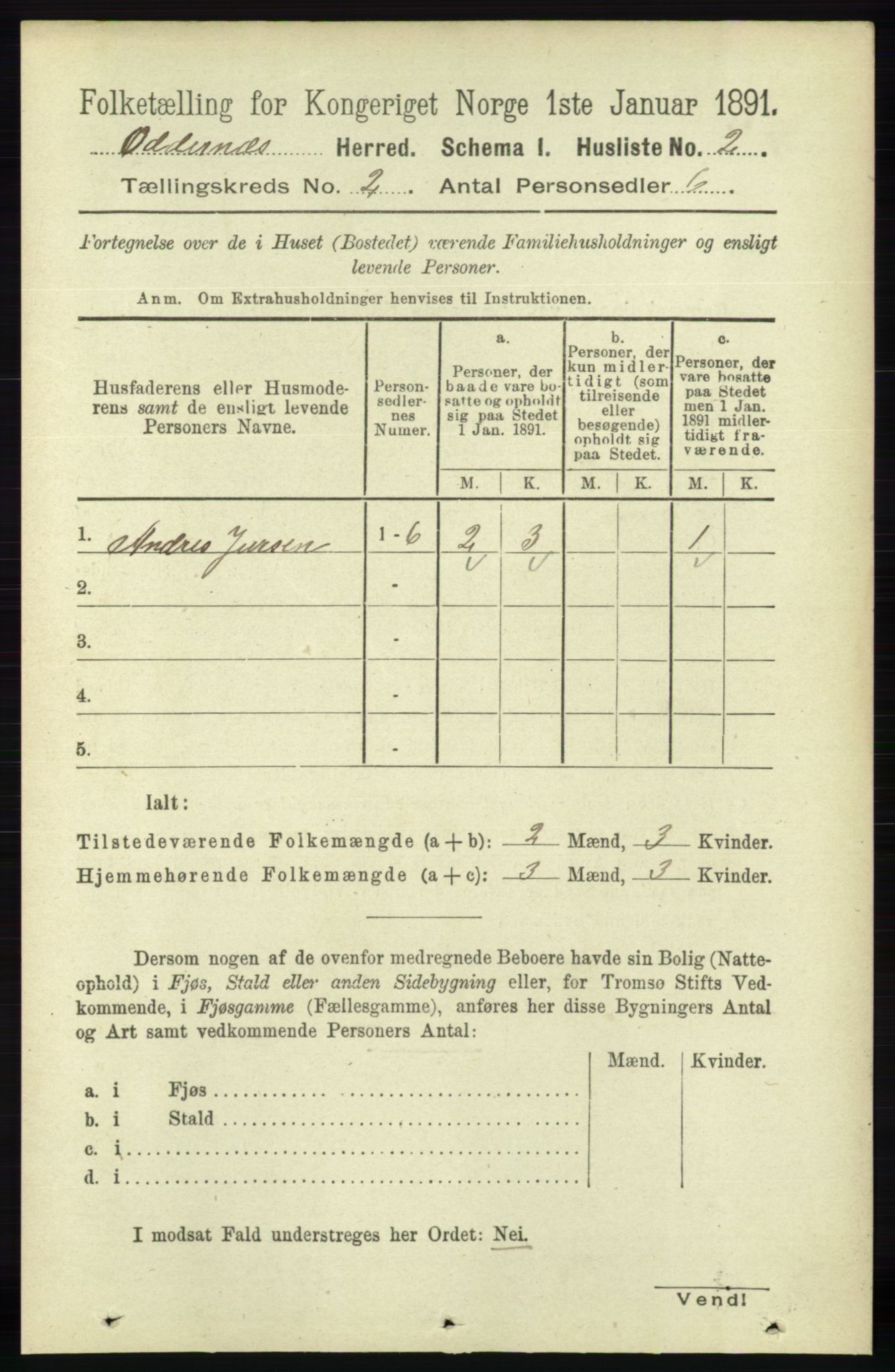 RA, 1891 census for 1012 Oddernes, 1891, p. 524