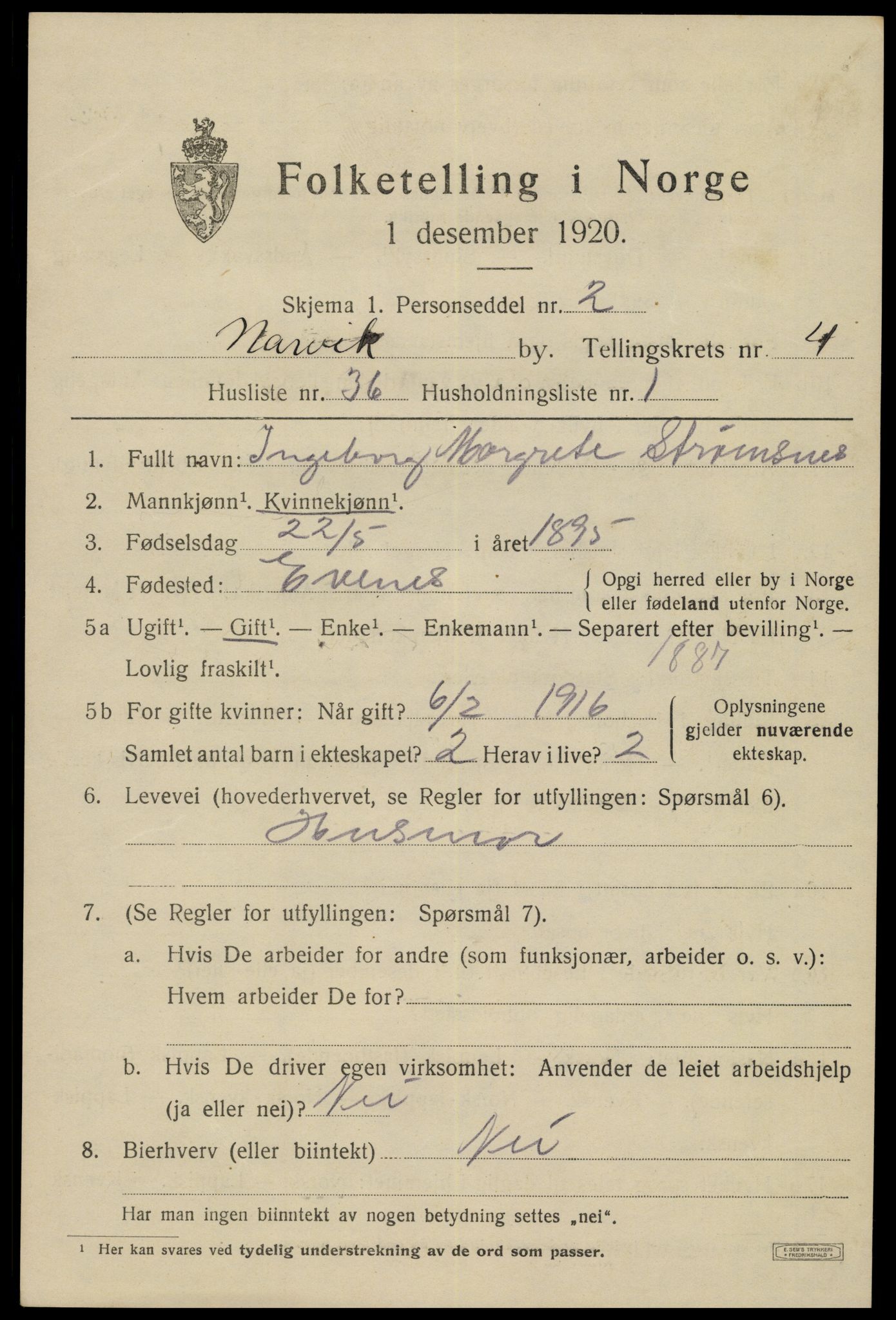 SAT, 1920 census for Narvik, 1920, p. 15406