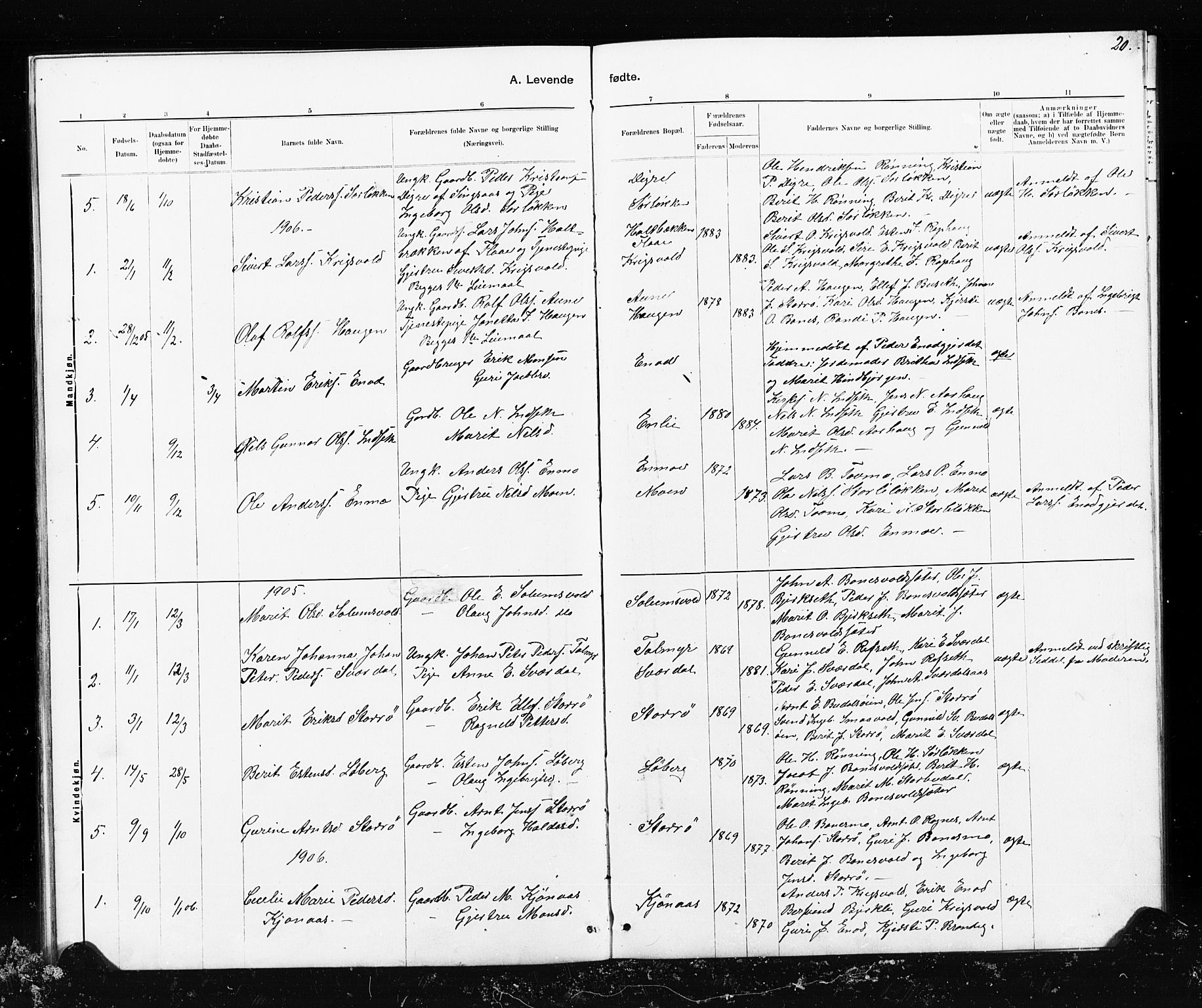 Ministerialprotokoller, klokkerbøker og fødselsregistre - Sør-Trøndelag, SAT/A-1456/690/L1051: Parish register (copy) no. 690C01, 1887-1908, p. 20