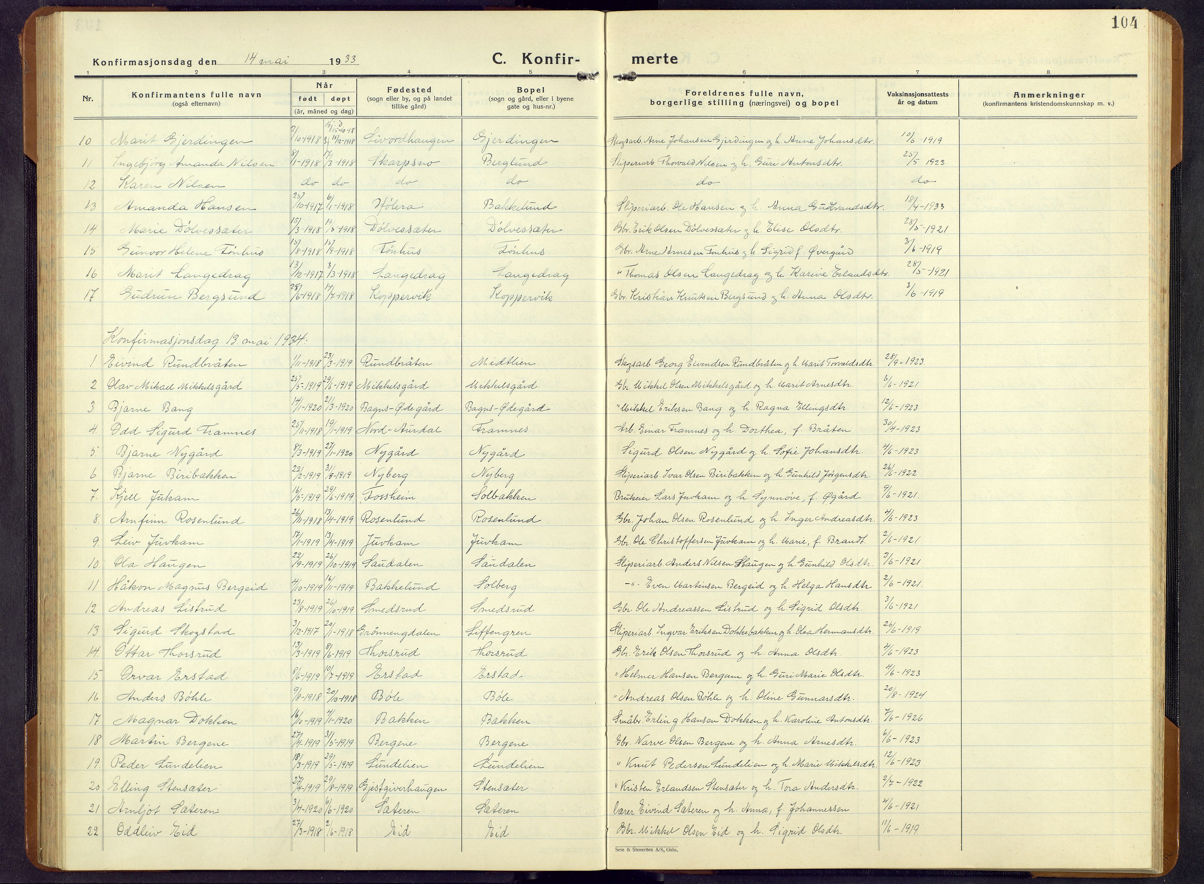 Sør-Aurdal prestekontor, AV/SAH-PREST-128/H/Ha/Hab/L0011: Parish register (copy) no. 11, 1922-1950, p. 104