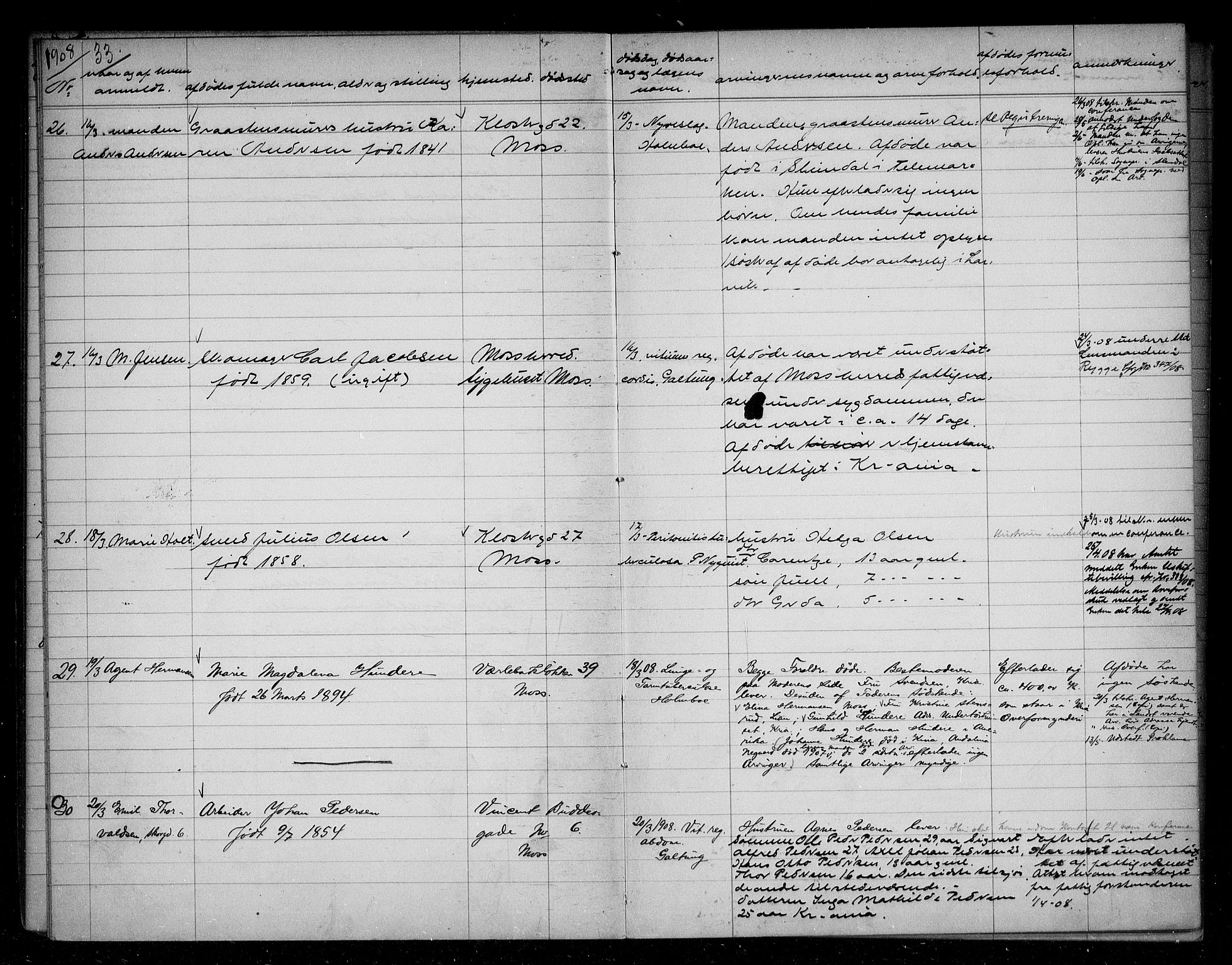 Moss byfogd, AV/SAO-A-10863/H/Ha/Hab/L0004: Dødsanmeldelsesprotokoll, 1906-1914, p. 33