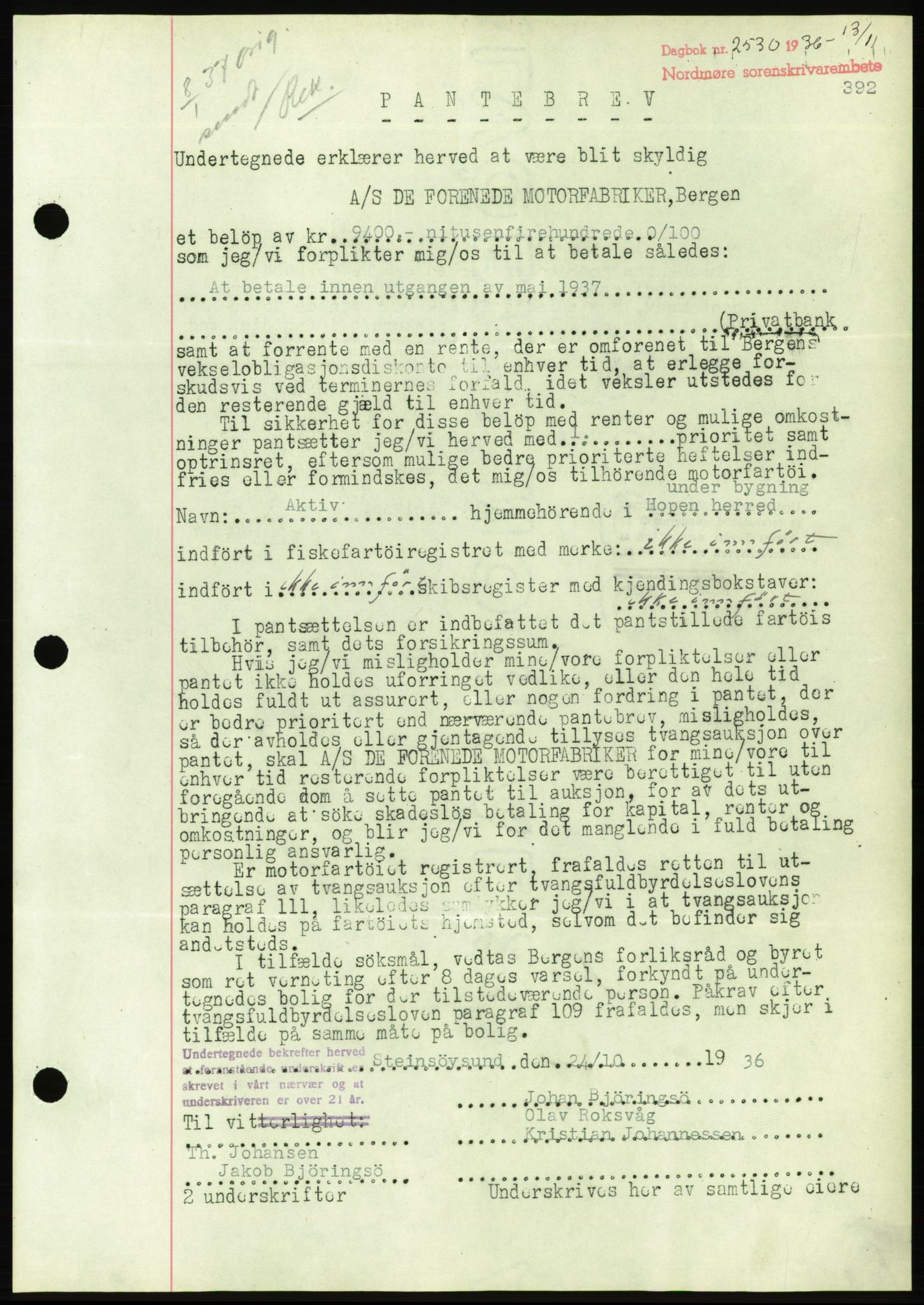 Nordmøre sorenskriveri, AV/SAT-A-4132/1/2/2Ca/L0090: Mortgage book no. B80, 1936-1937, Diary no: : 2530/1936