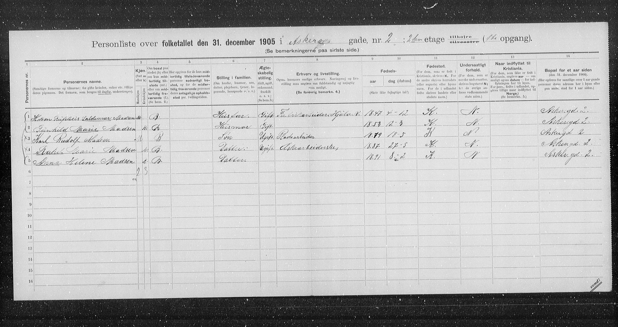 OBA, Municipal Census 1905 for Kristiania, 1905, p. 1291