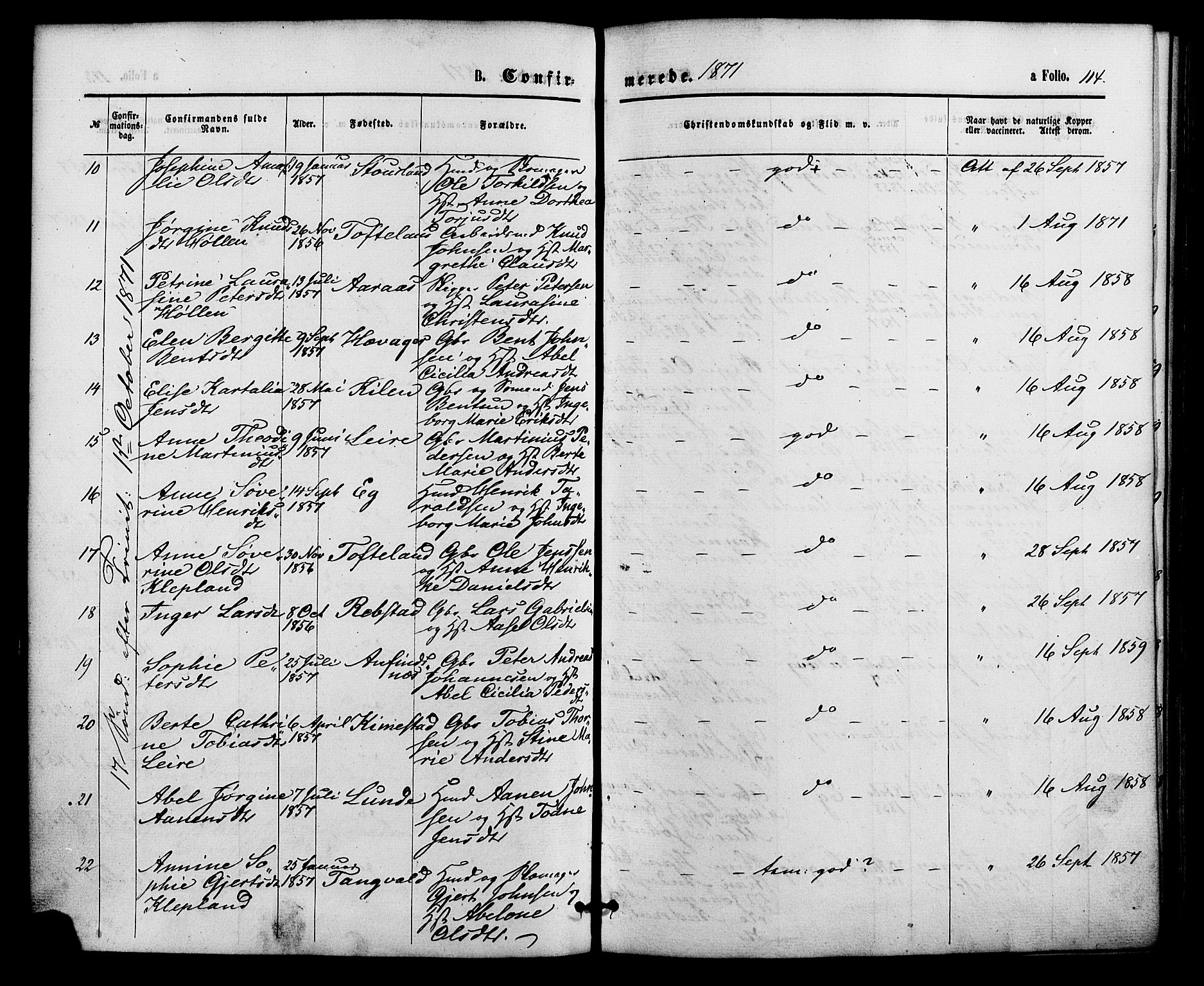 Søgne sokneprestkontor, AV/SAK-1111-0037/F/Fa/Fab/L0011: Parish register (official) no. A 11, 1869-1879, p. 114