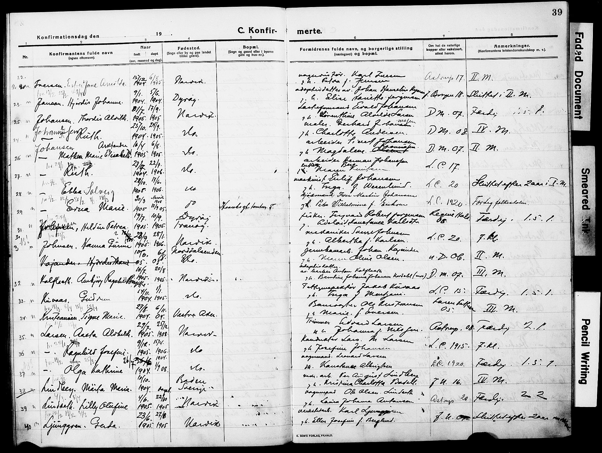 Ministerialprotokoller, klokkerbøker og fødselsregistre - Nordland, AV/SAT-A-1459/871/L0989: Parish register (official) no. 871A05, 1915-1922, p. 39