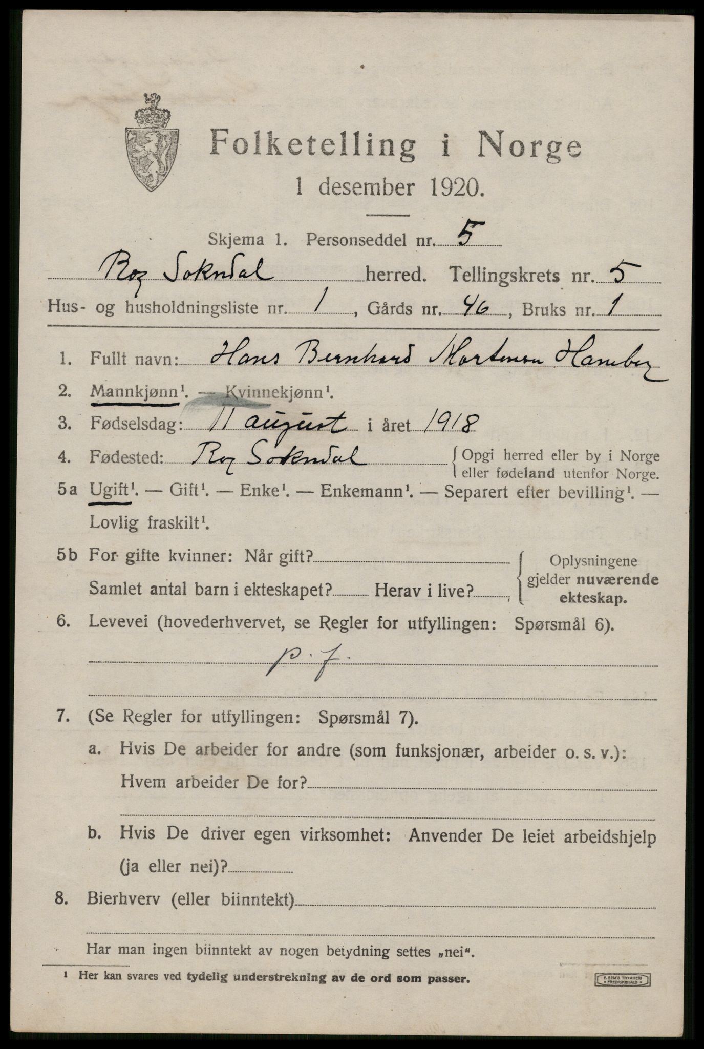 SAST, 1920 census for Sokndal, 1920, p. 3251