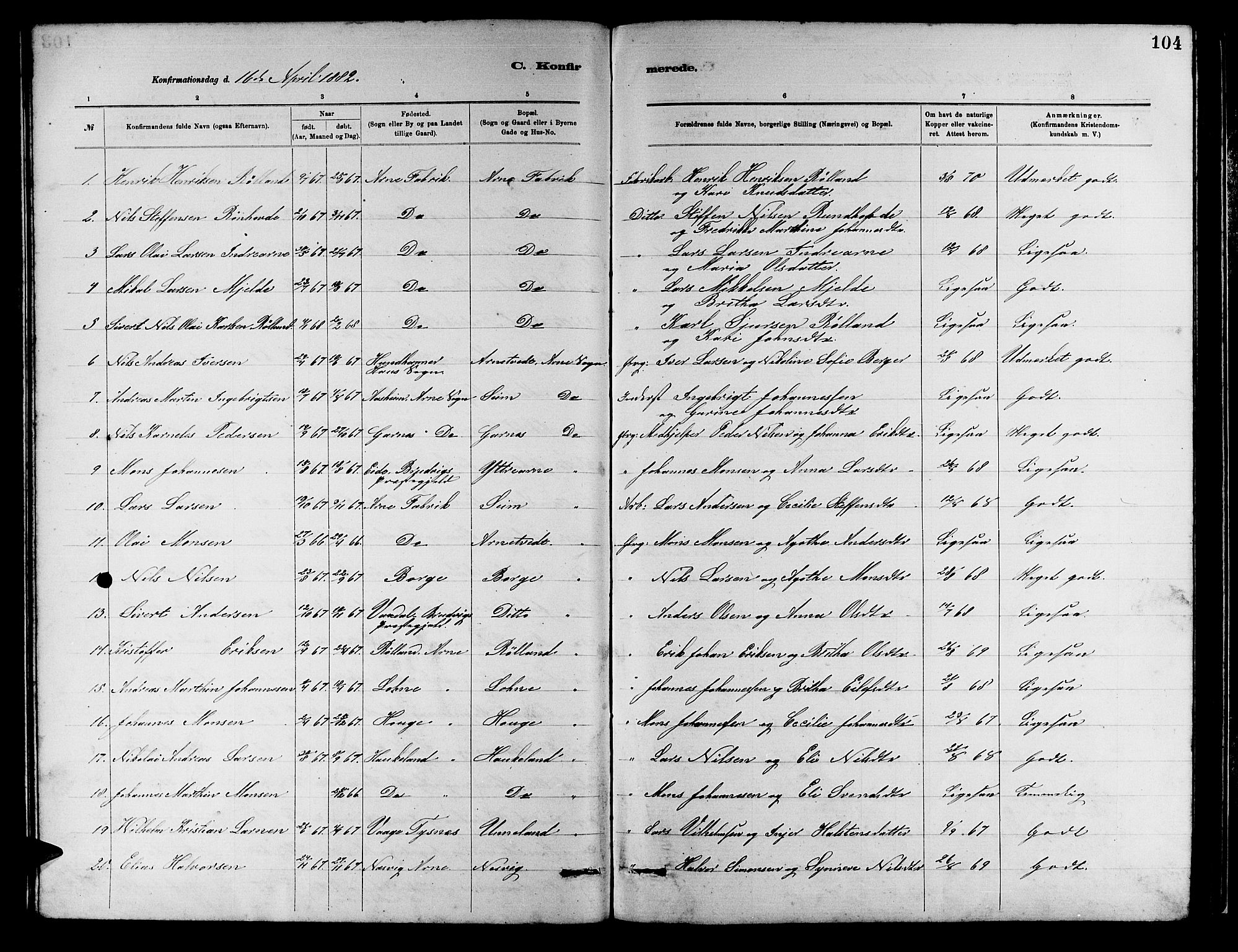Arna Sokneprestembete, SAB/A-74001/H/Ha/Hab: Parish register (copy) no. A 2, 1878-1887, p. 104