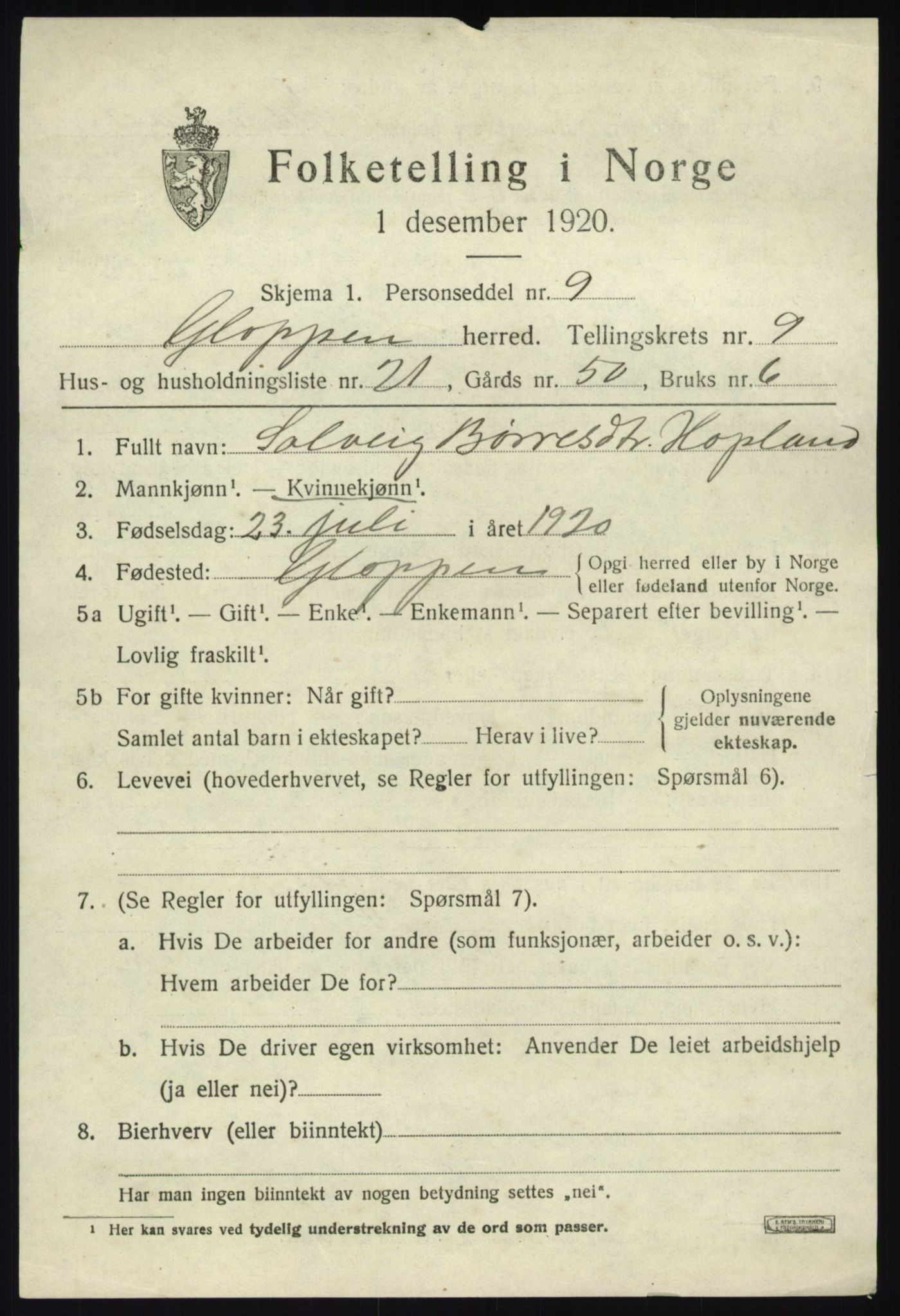 SAB, 1920 census for Gloppen, 1920, p. 5206