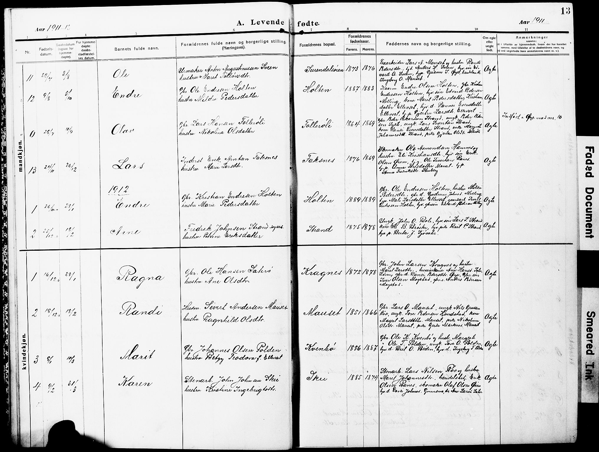 Ministerialprotokoller, klokkerbøker og fødselsregistre - Møre og Romsdal, SAT/A-1454/596/L1059: Parish register (copy) no. 596C02, 1908-1922, p. 13
