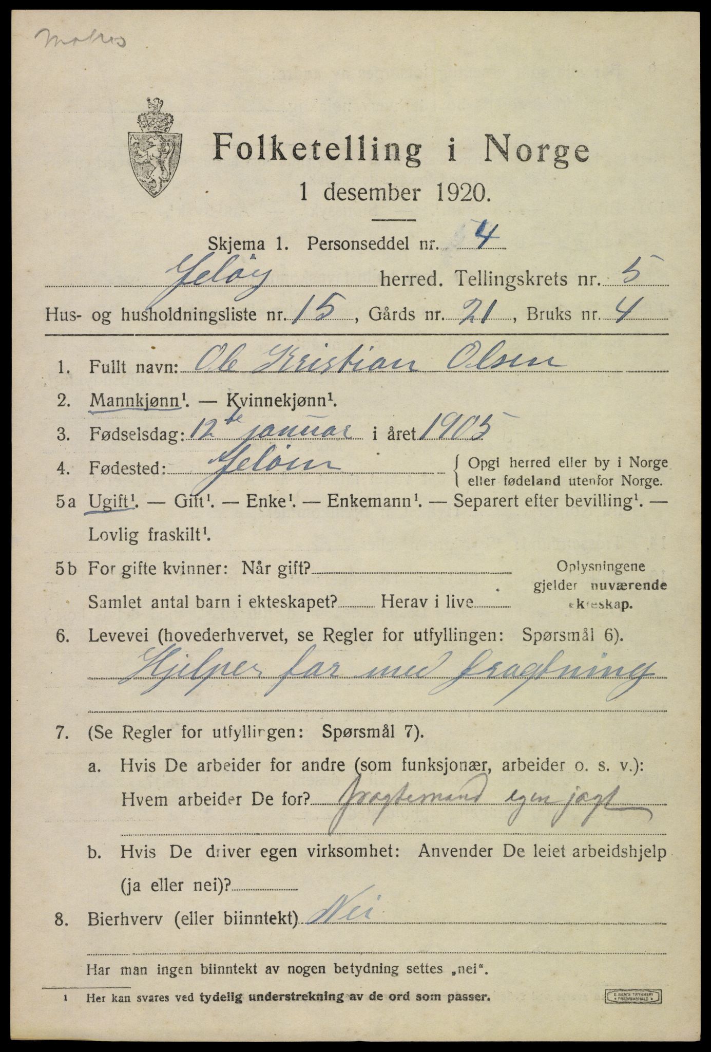 SAO, 1920 census for Moss land district, 1920, p. 6425