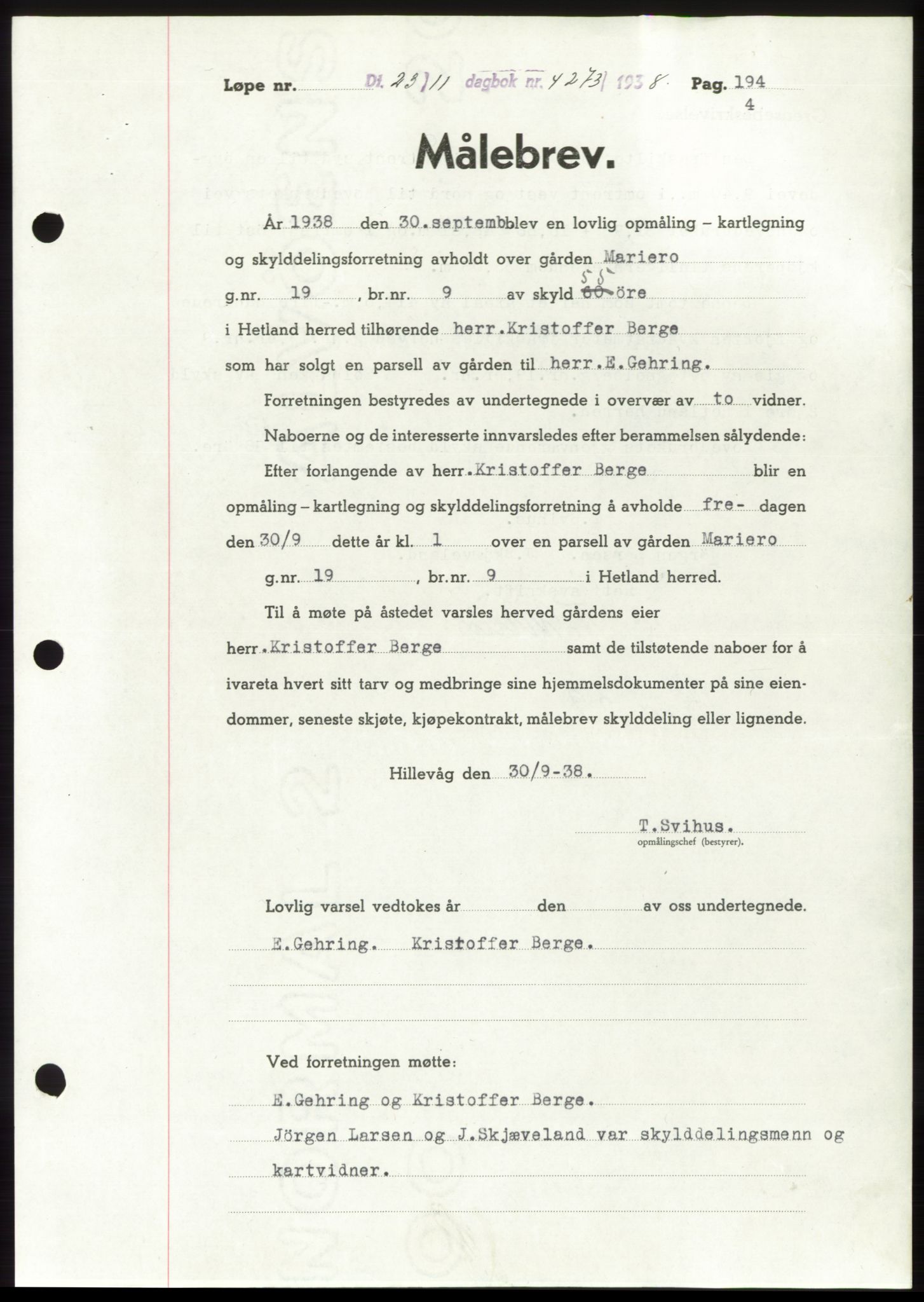 Jæren sorenskriveri, SAST/A-100310/03/G/Gba/L0072: Mortgage book, 1938-1938, Diary no: : 4273/1938