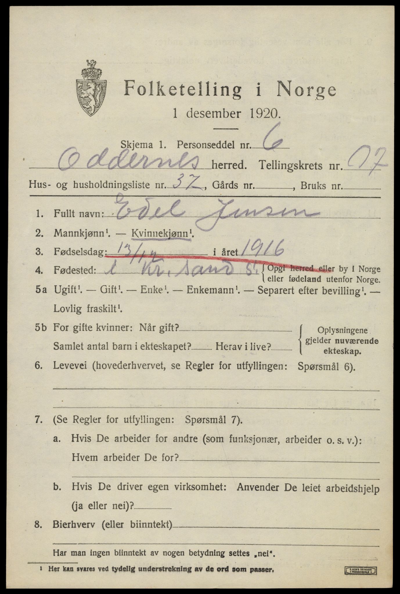 SAK, 1920 census for Oddernes, 1920, p. 13111