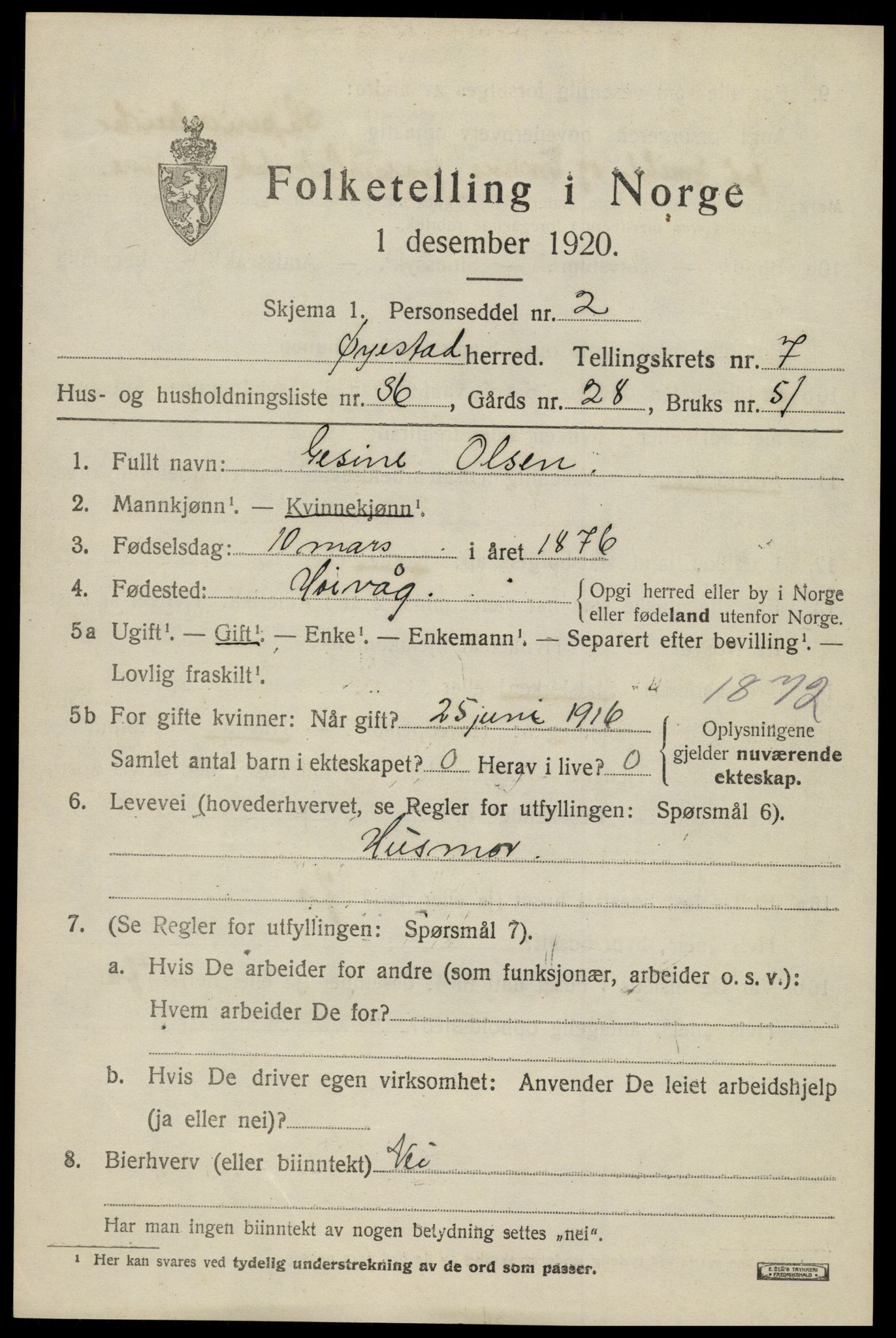 SAK, 1920 census for Øyestad, 1920, p. 5180