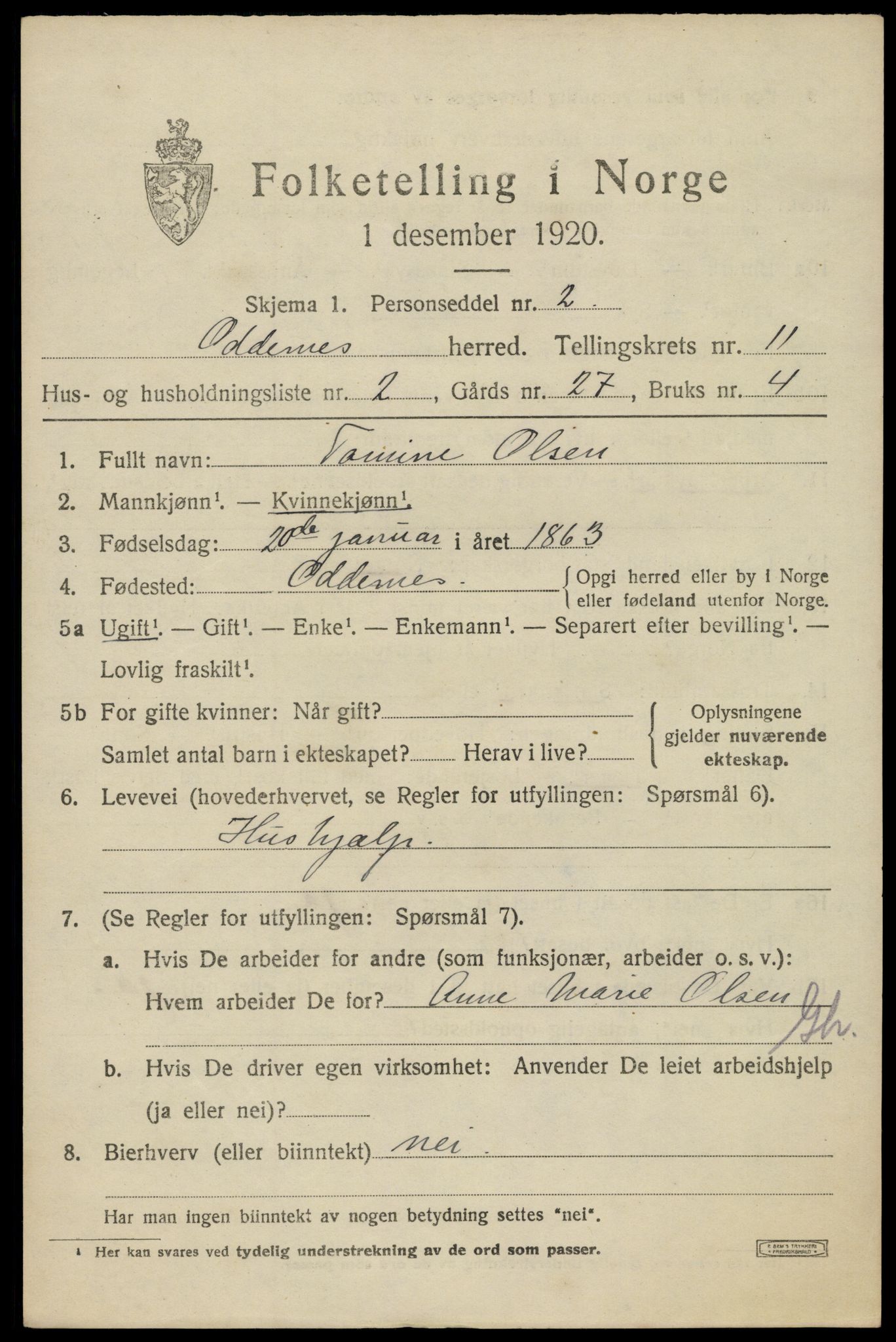 SAK, 1920 census for Oddernes, 1920, p. 7075