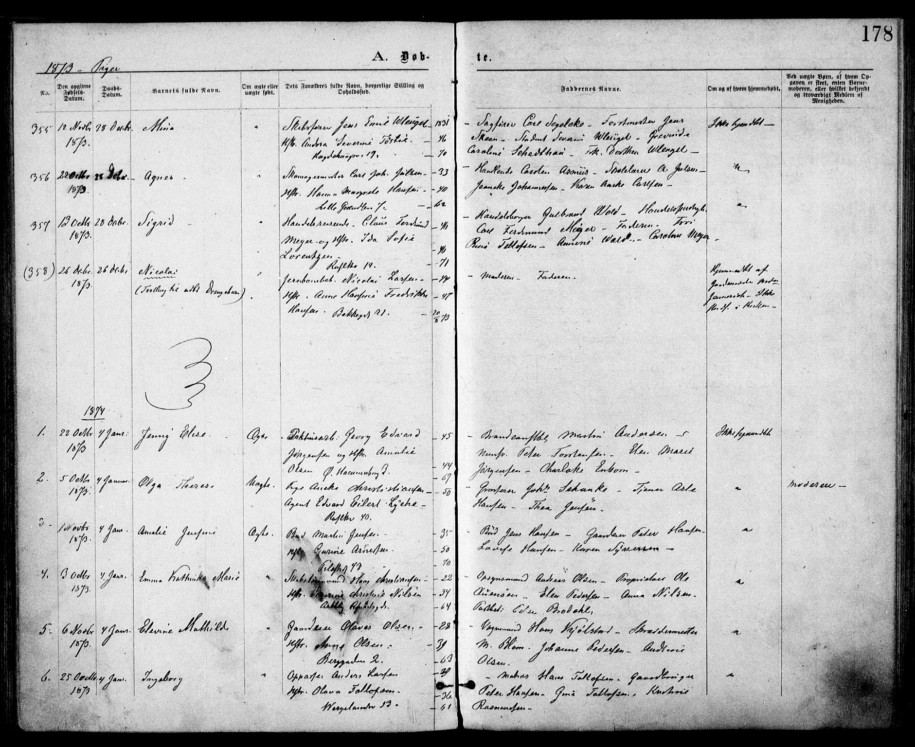 Trefoldighet prestekontor Kirkebøker, AV/SAO-A-10882/F/Fa/L0003: Parish register (official) no. I 3, 1870-1876, p. 178