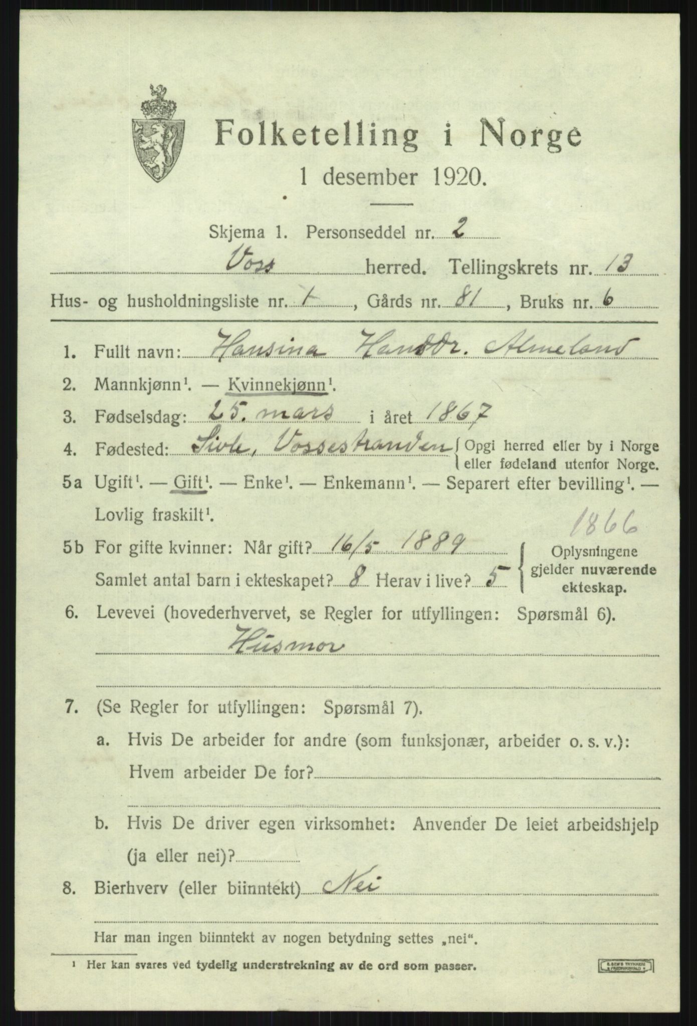 SAB, 1920 census for Voss, 1920, p. 11151