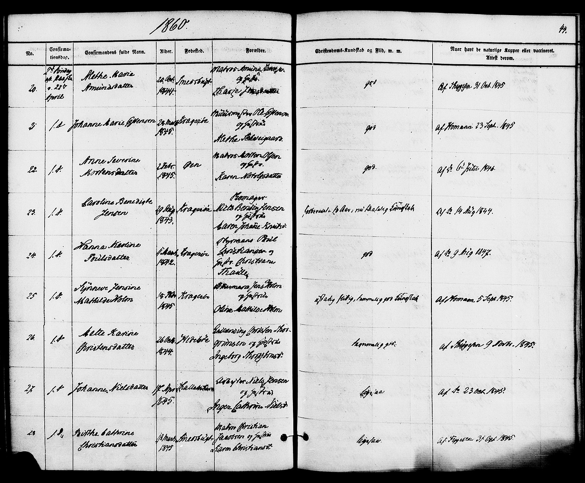 Kragerø kirkebøker, AV/SAKO-A-278/F/Fa/L0008: Parish register (official) no. 8, 1856-1880, p. 44