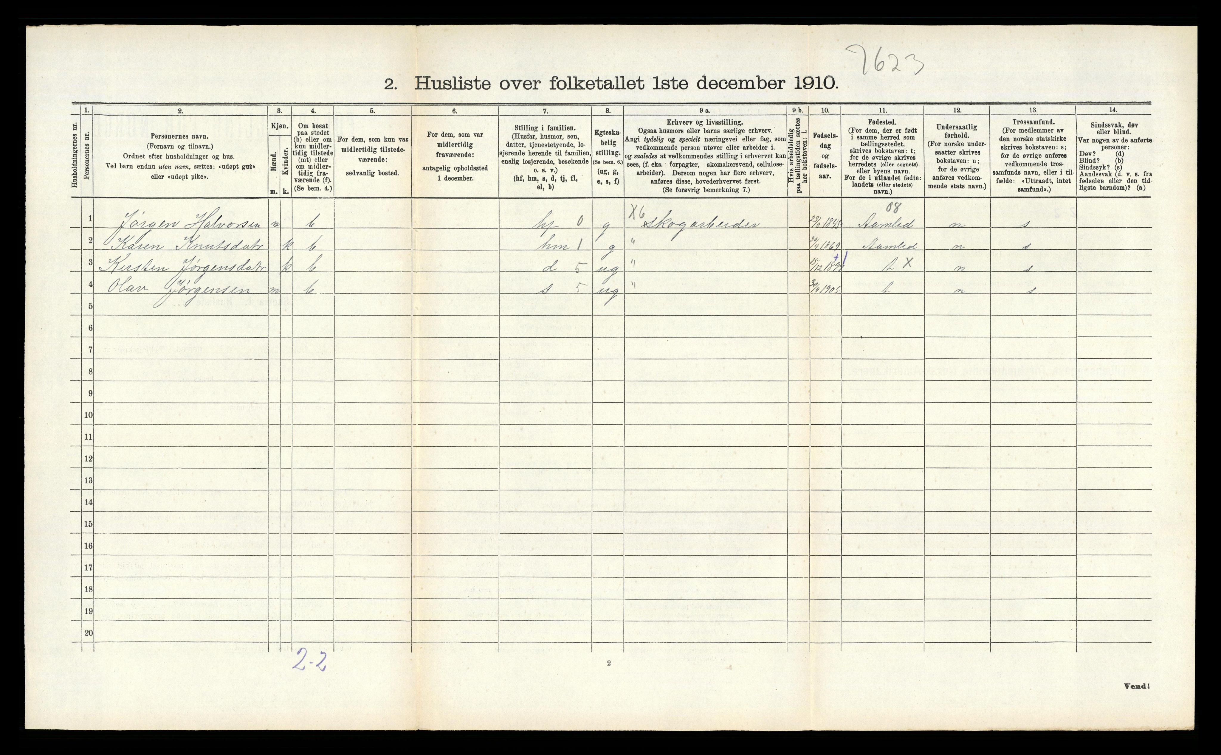 RA, 1910 census for Vegårshei, 1910, p. 373