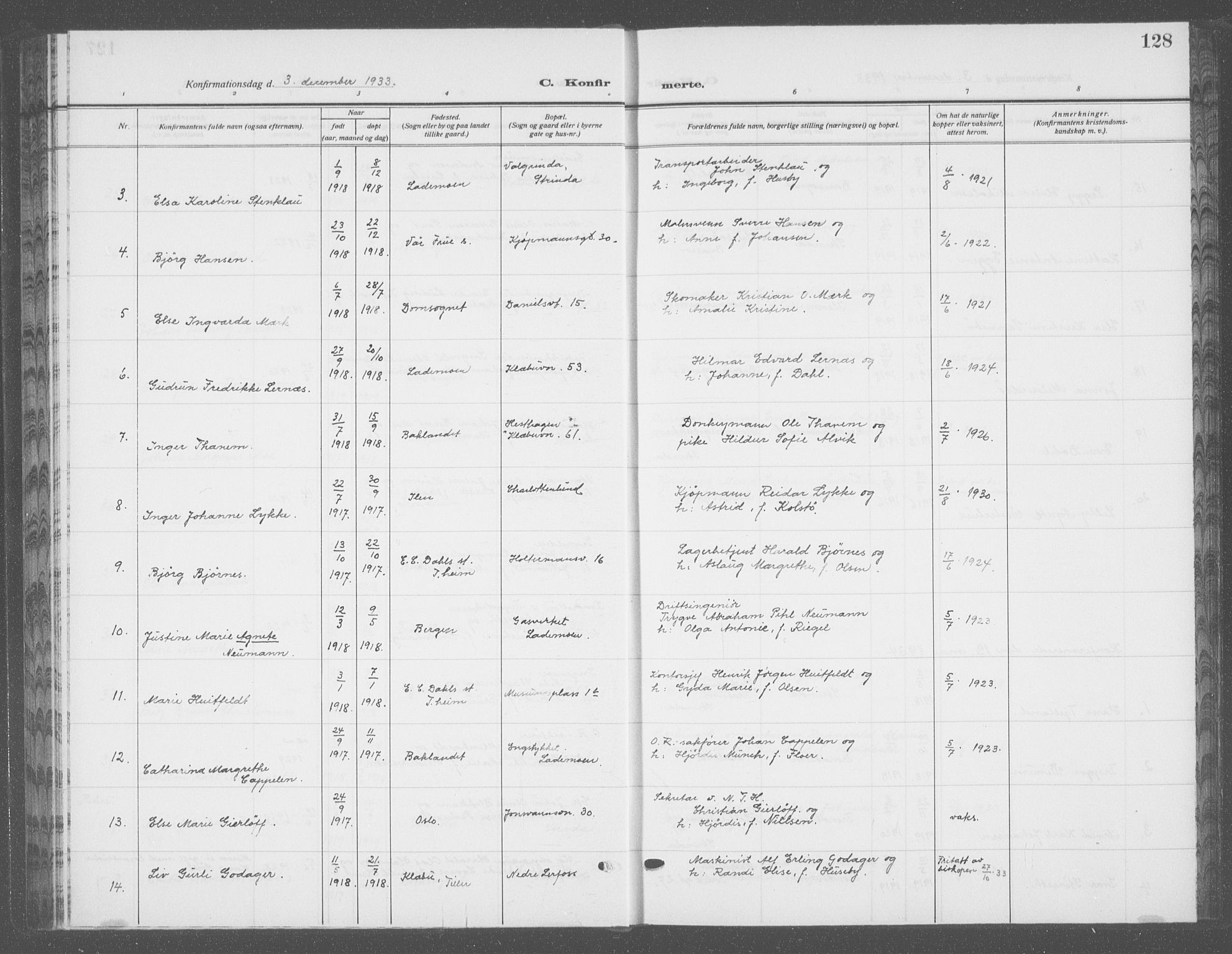 Ministerialprotokoller, klokkerbøker og fødselsregistre - Sør-Trøndelag, SAT/A-1456/601/L0099: Parish register (copy) no. 601C17, 1928-1941, p. 128